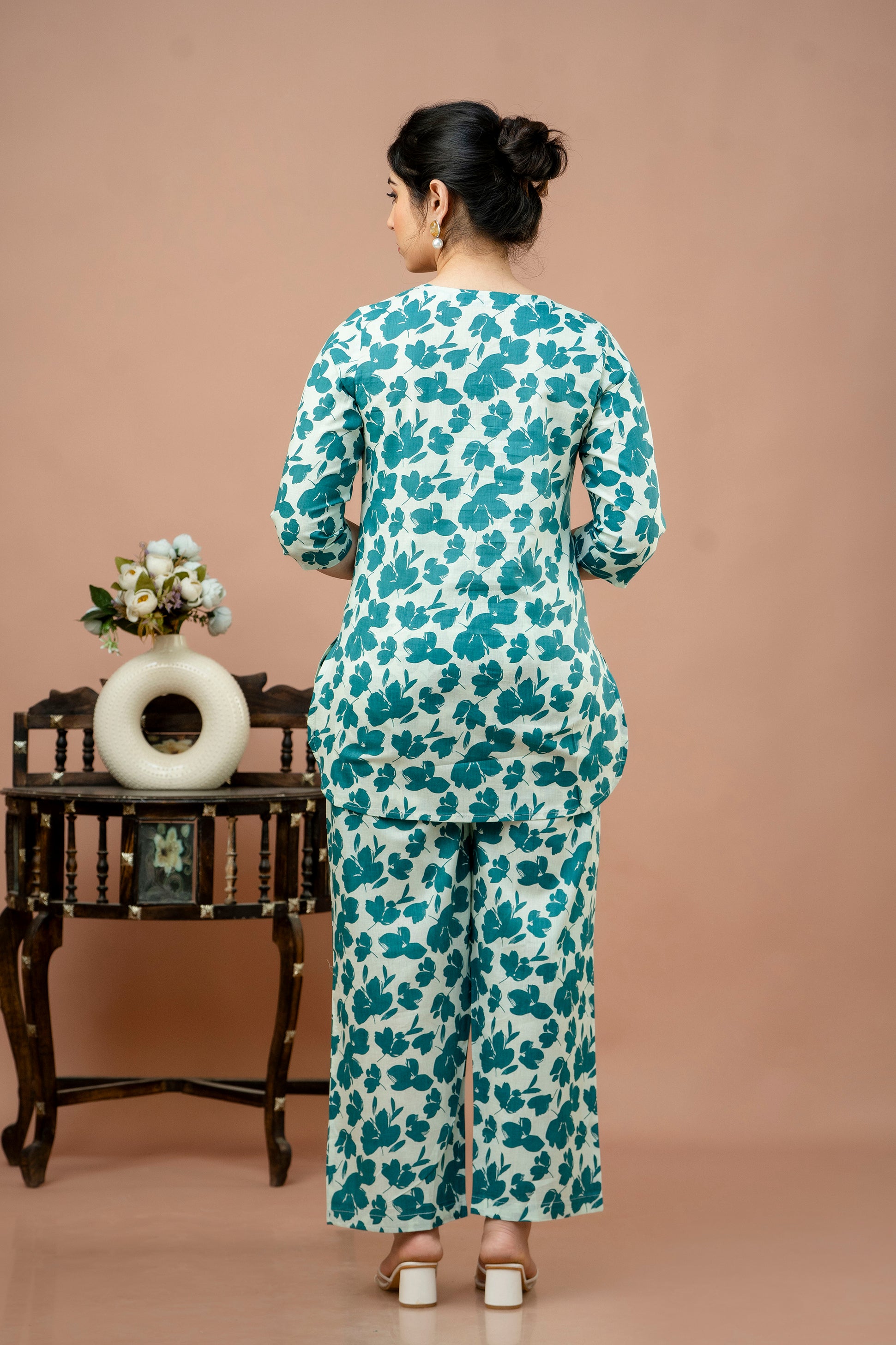 Women Rama White Floral Printed Co-Ord Set