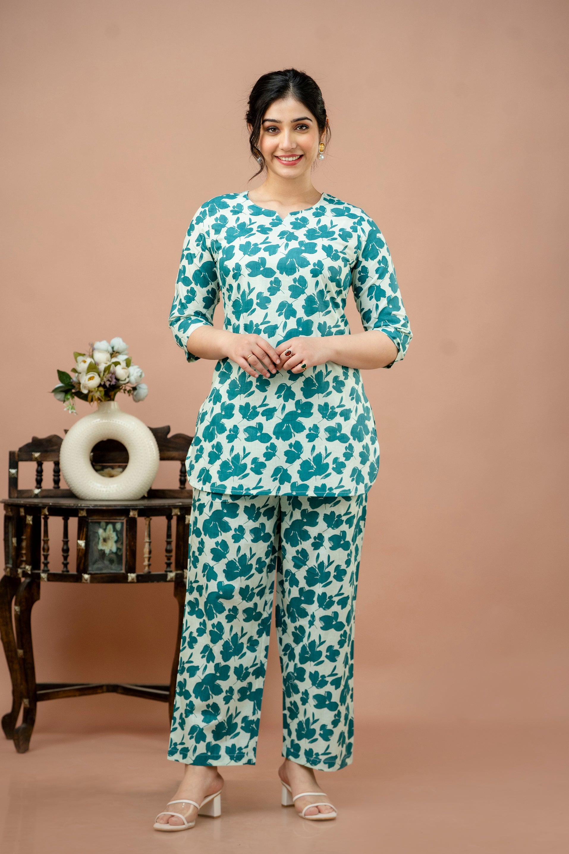 Women Rama White Floral Printed Co-Ord Set