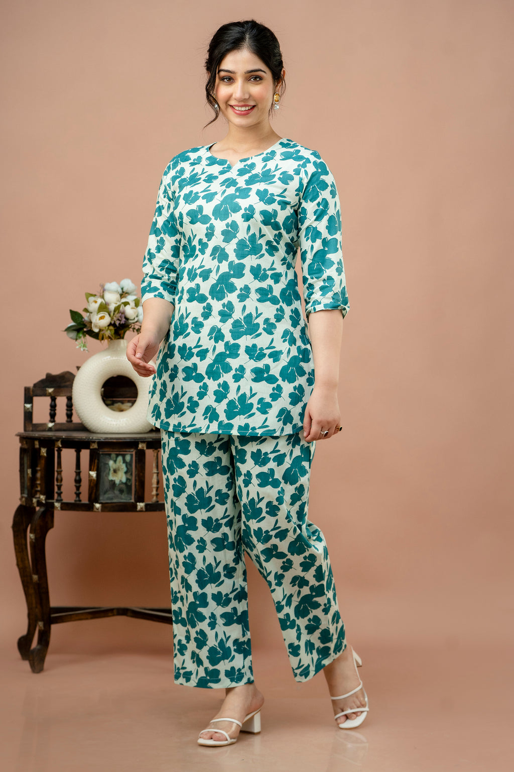 Women Rama White Floral Printed Co-Ord Set