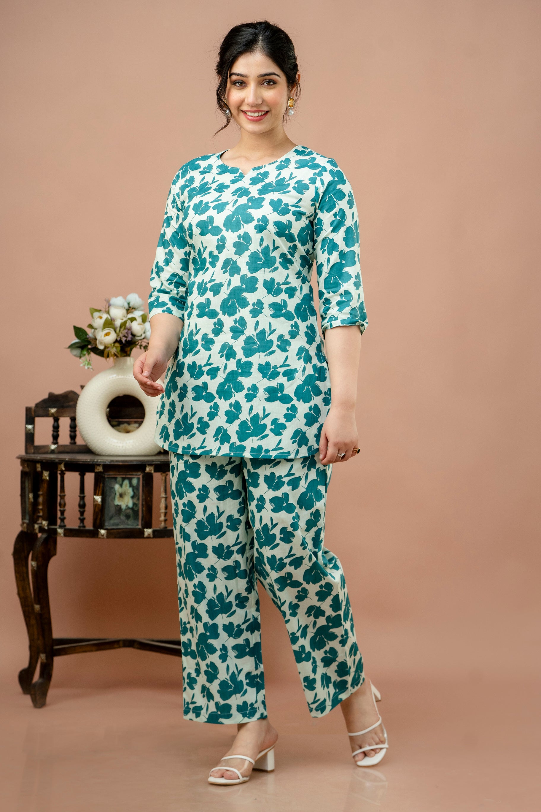 Women Rama White Floral Printed Co-Ord Set