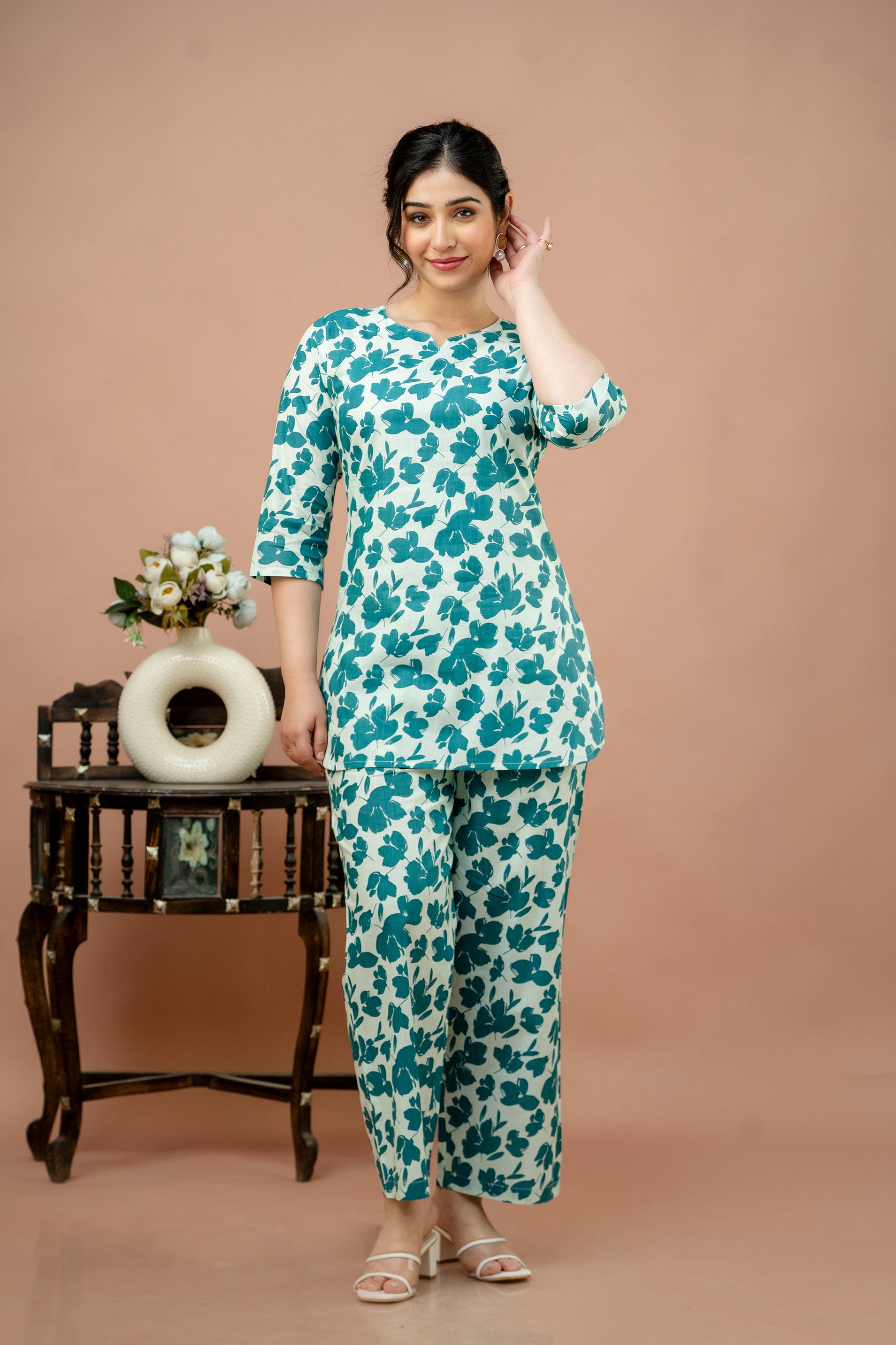 Women Rama White Floral Printed Co-Ord Set