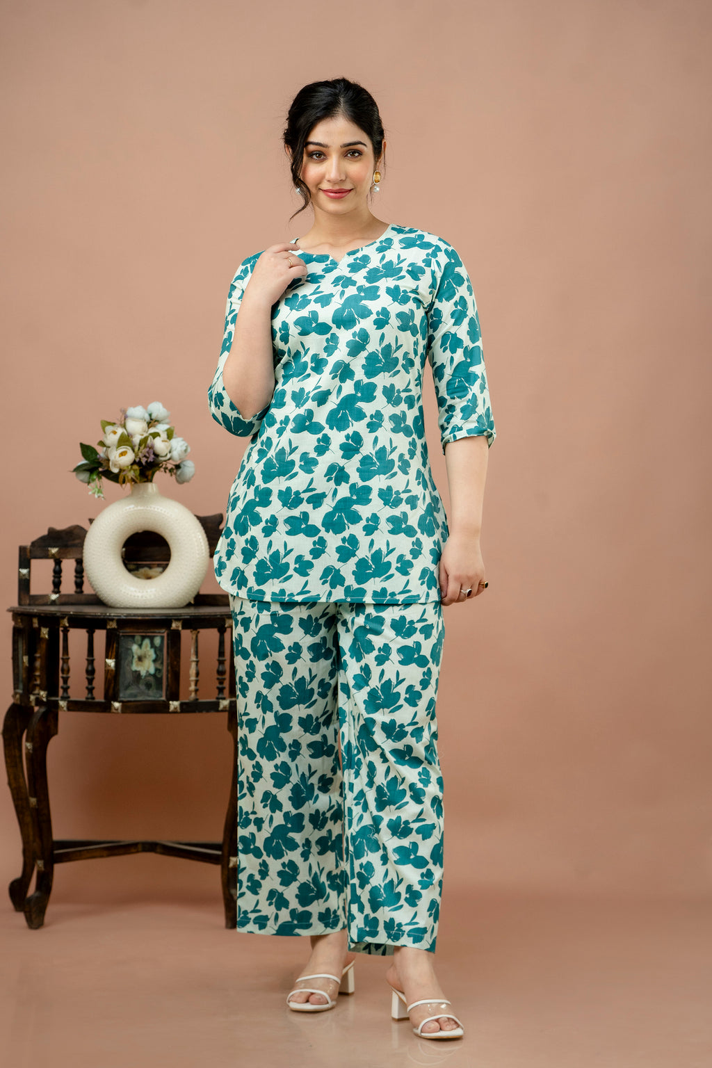 Women Rama White Floral Printed Co-Ord Set