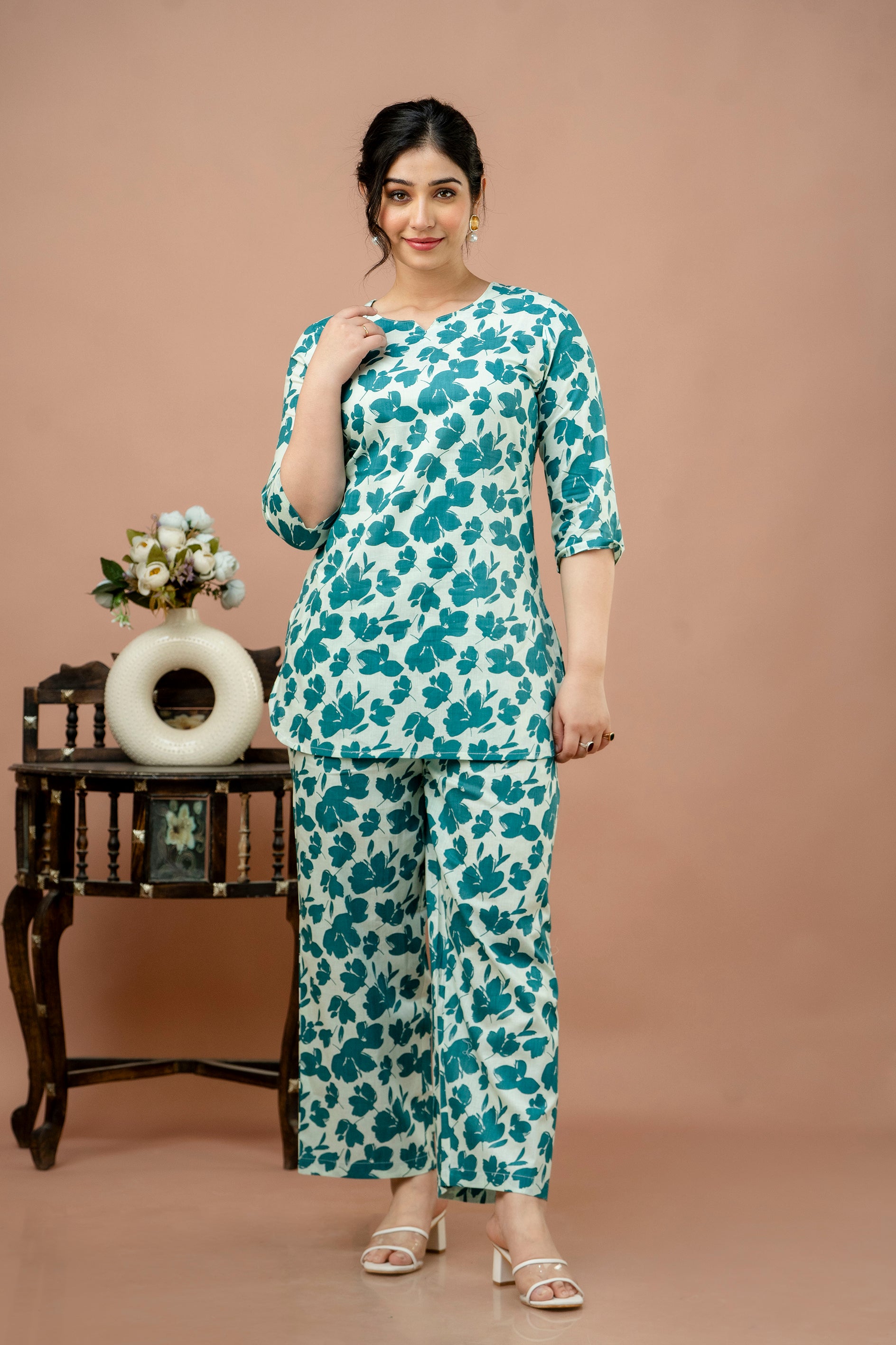 Women Rama White Floral Printed Co-Ord Set