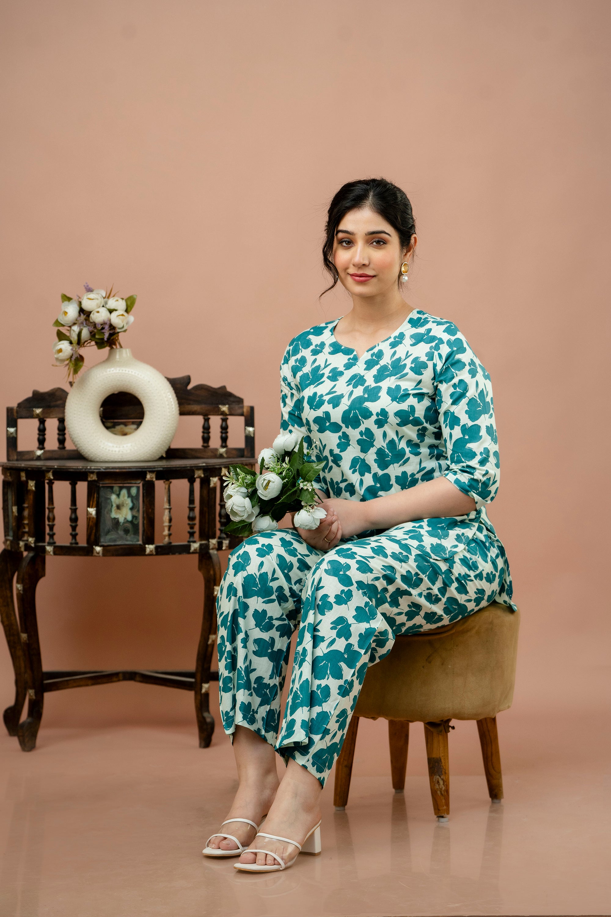 Women Rama White Floral Printed Co-Ord Set
