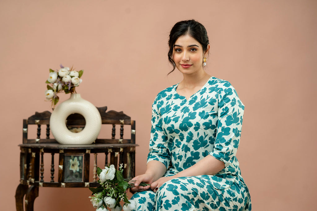 Women Rama White Floral Printed Co-Ord Set