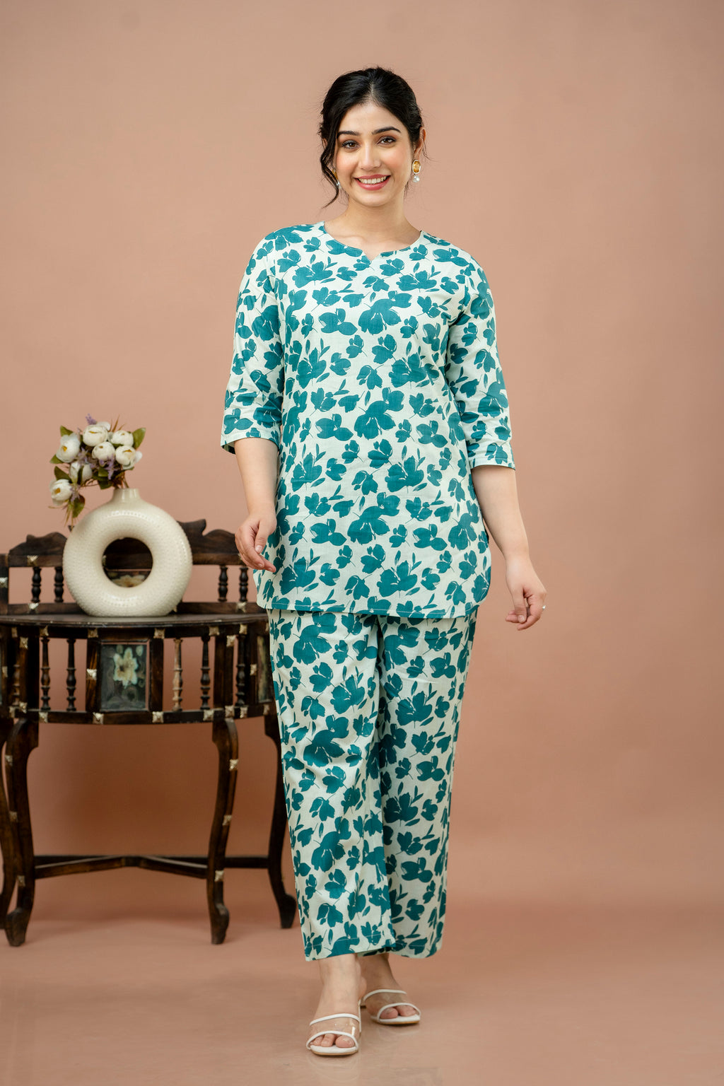 Women Rama White Floral Printed Co-Ord Set
