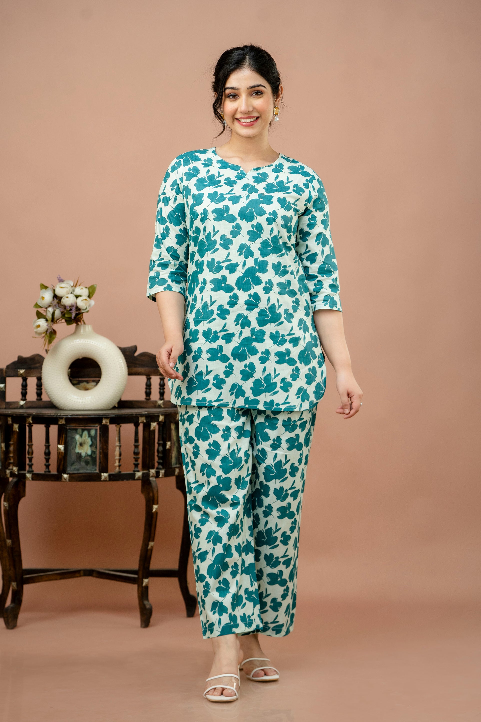 Women Rama White Floral Printed Co-Ord Set