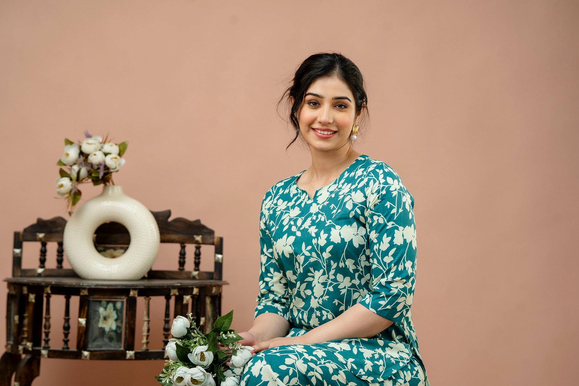 Women Rama Green Floral Printed Co-Ord Set