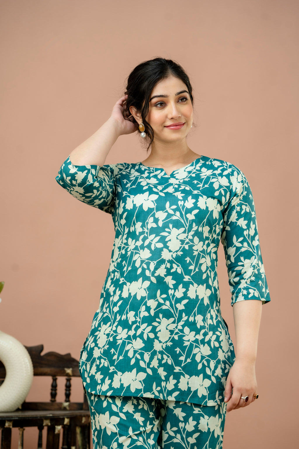 Women Rama Green Floral Printed Co-Ord Set