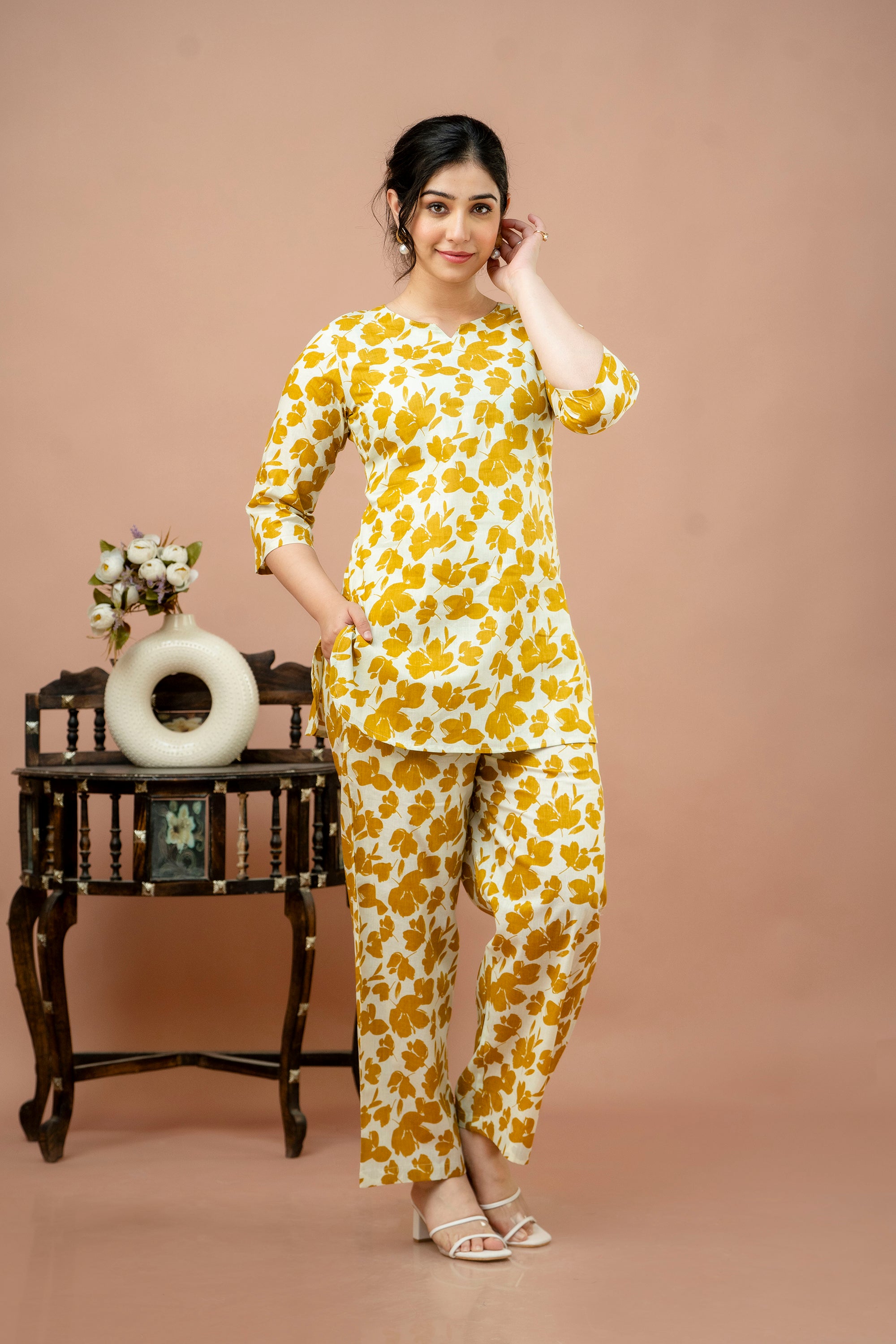 Women Mustard Floral Printed Co-Ord Set