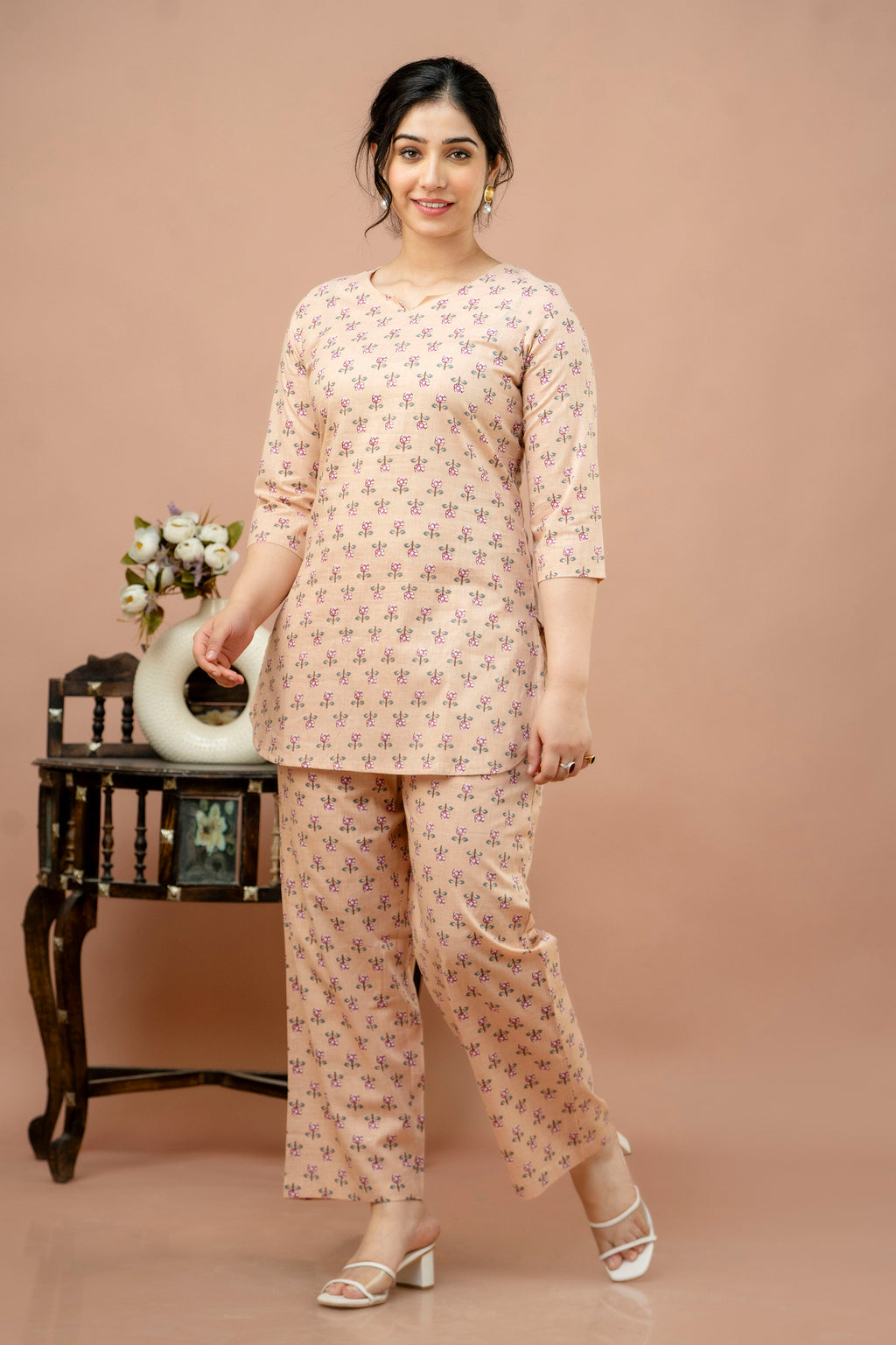 Women Cream Floral Printed Co-Ord Set