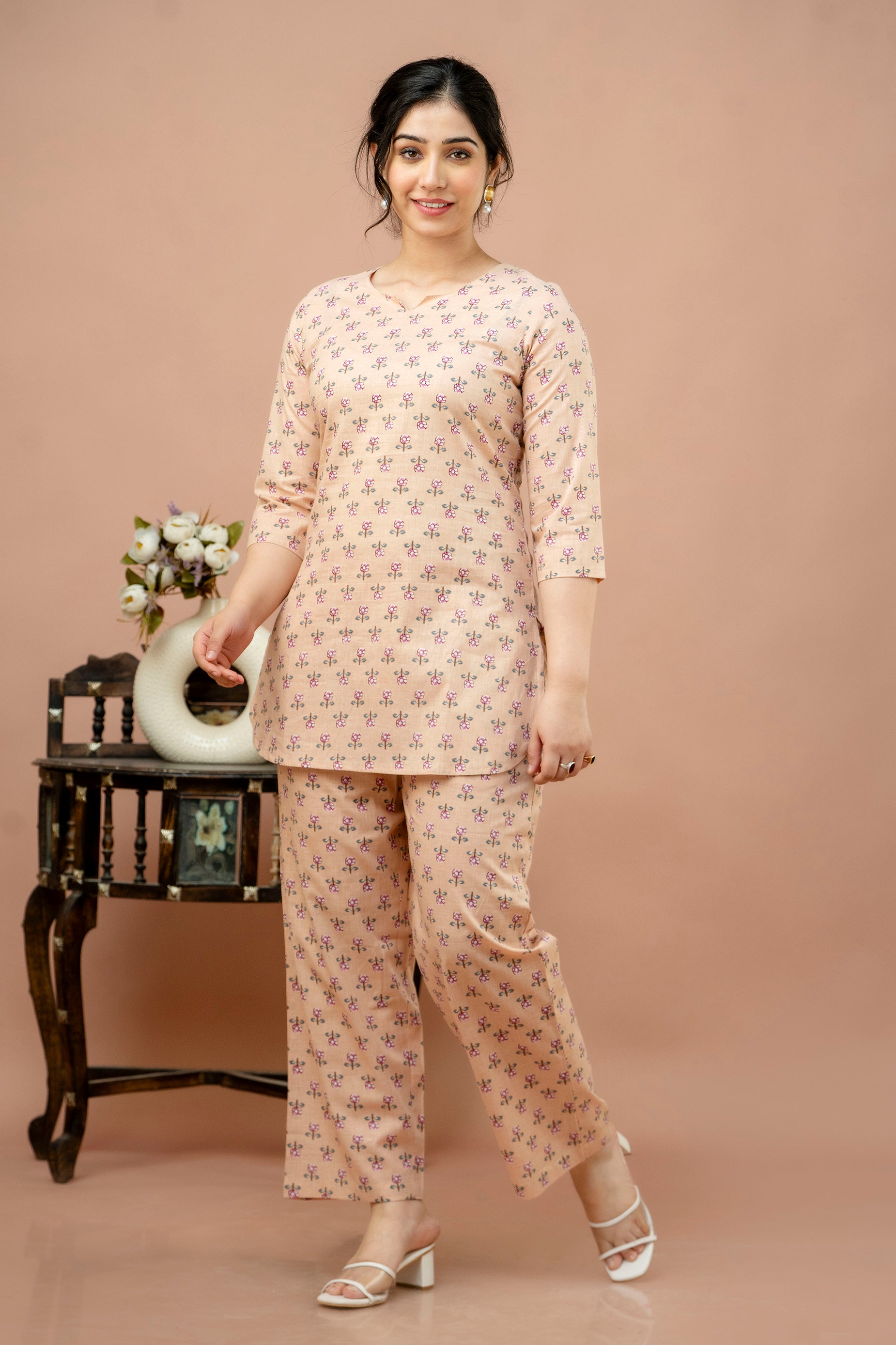 Women Cream Floral Printed Co-Ord Set
