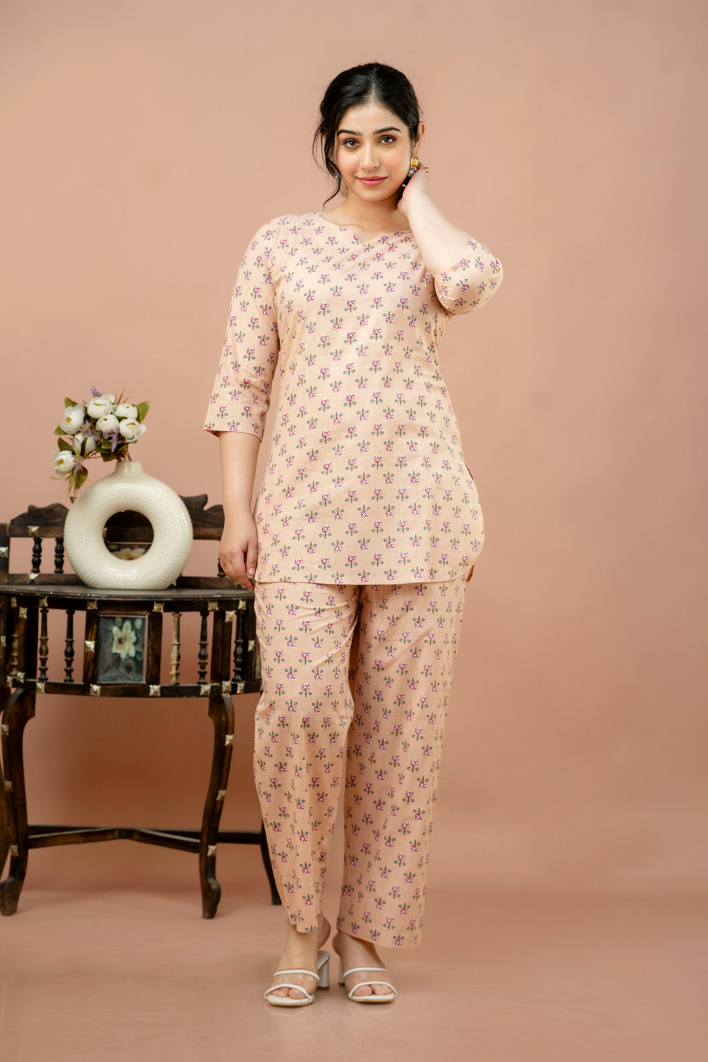 Women Cream Floral Printed Co-Ord Set