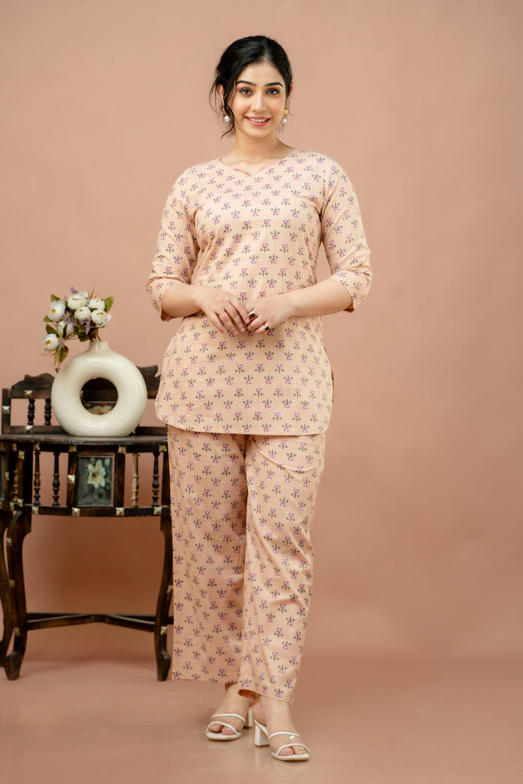 Women Cream Floral Printed Co-Ord Set