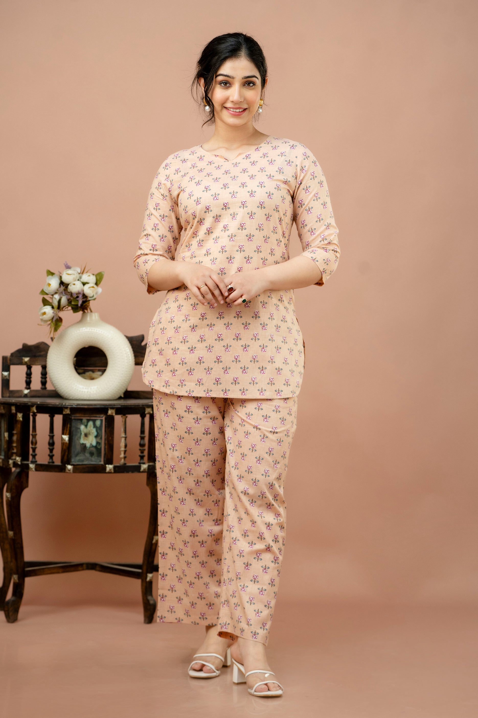 Women Cream Floral Printed Co-Ord Set
