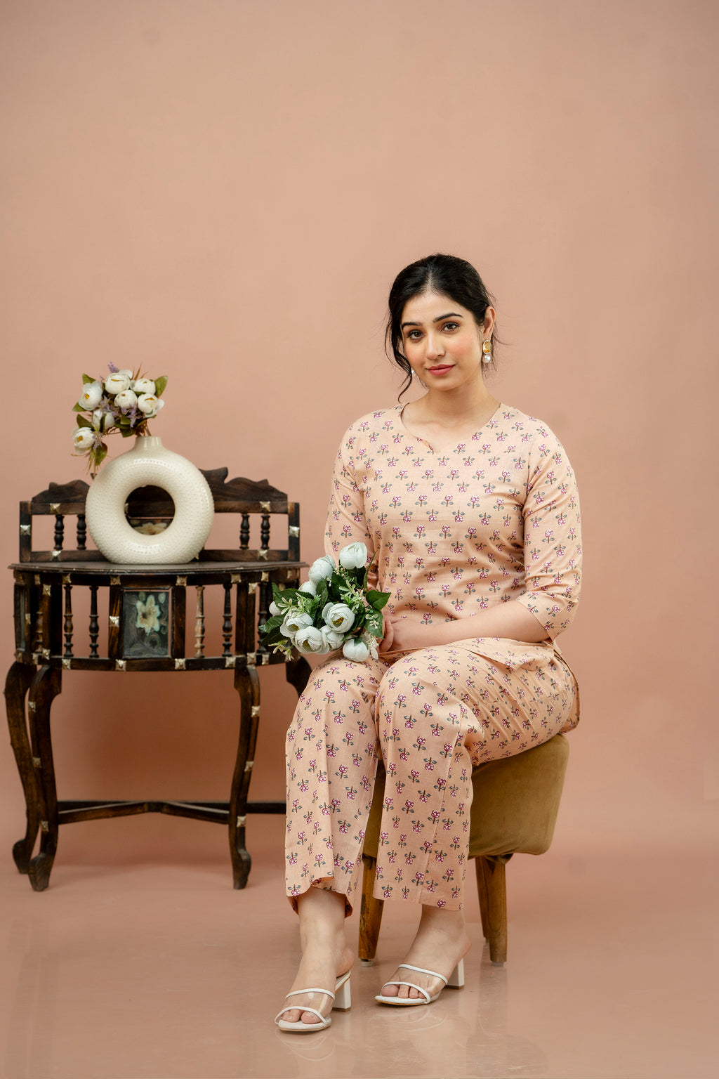 Women Cream Floral Printed Co-Ord Set