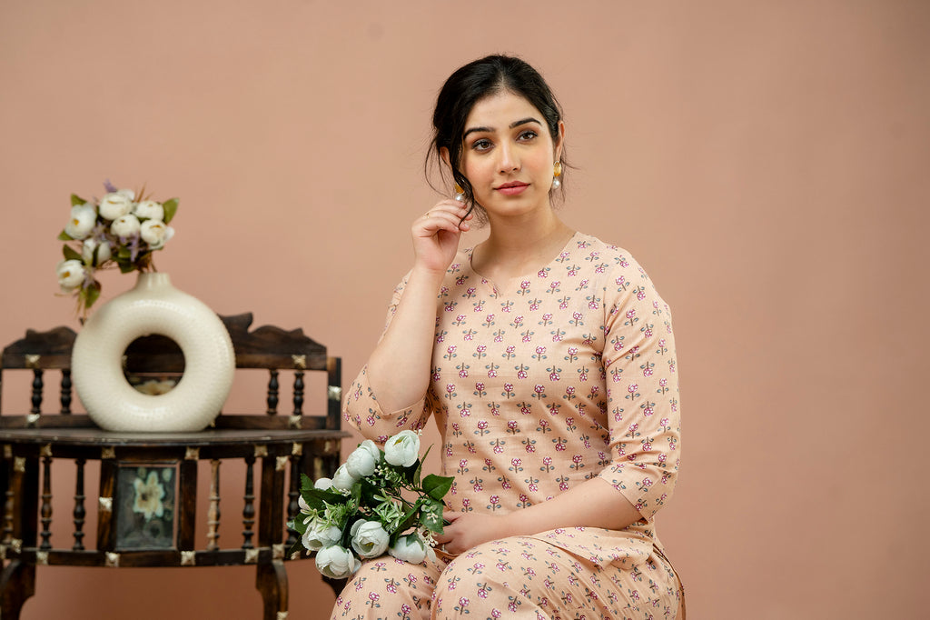 Women Cream Floral Printed Co-Ord Set