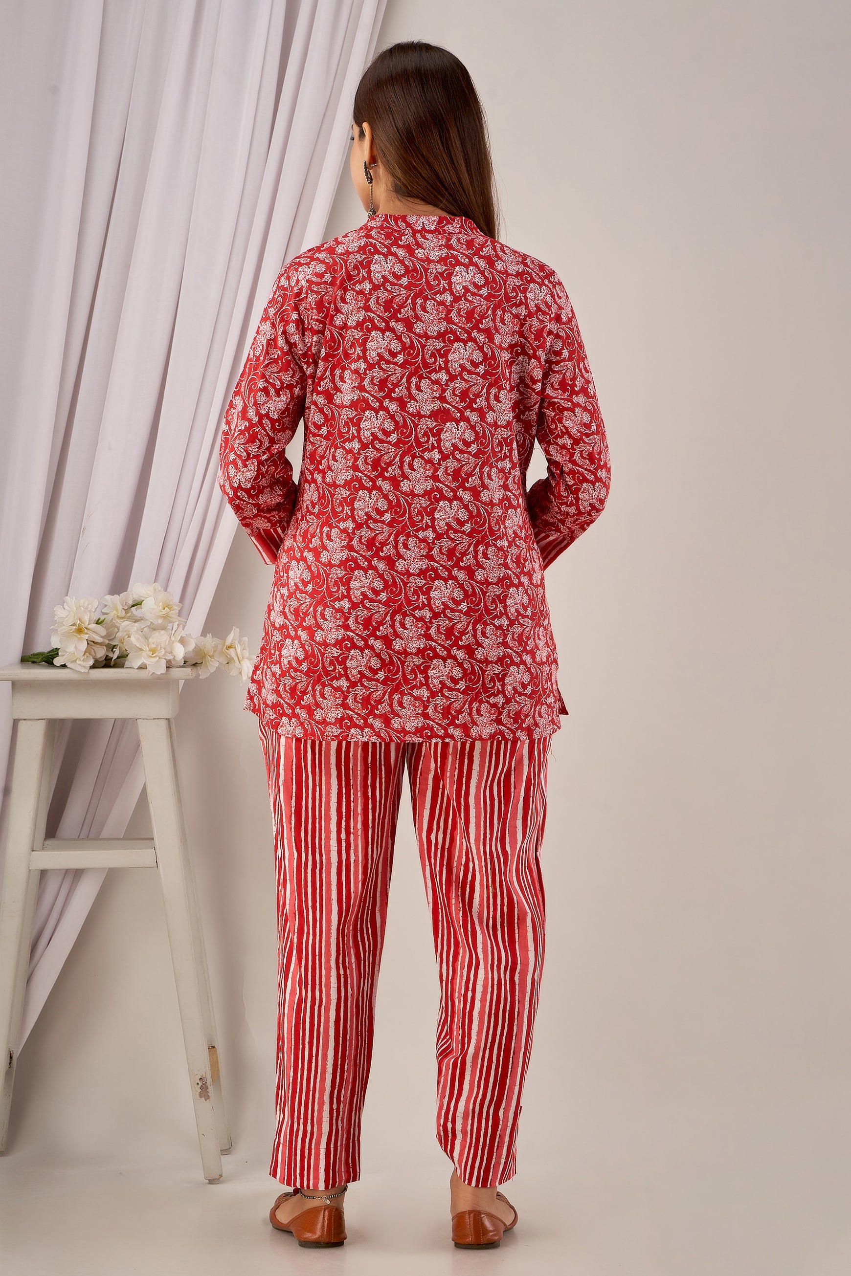 Red Floral Cotton Kurti with Striped Pants Co-ord Set for Women