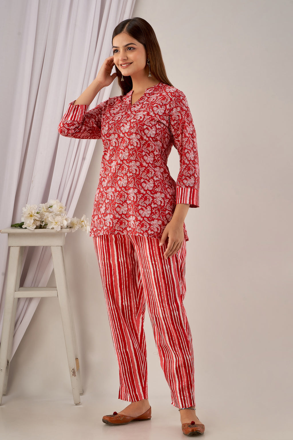 Red Floral Cotton Kurti with Striped Pants Co-ord Set for Women