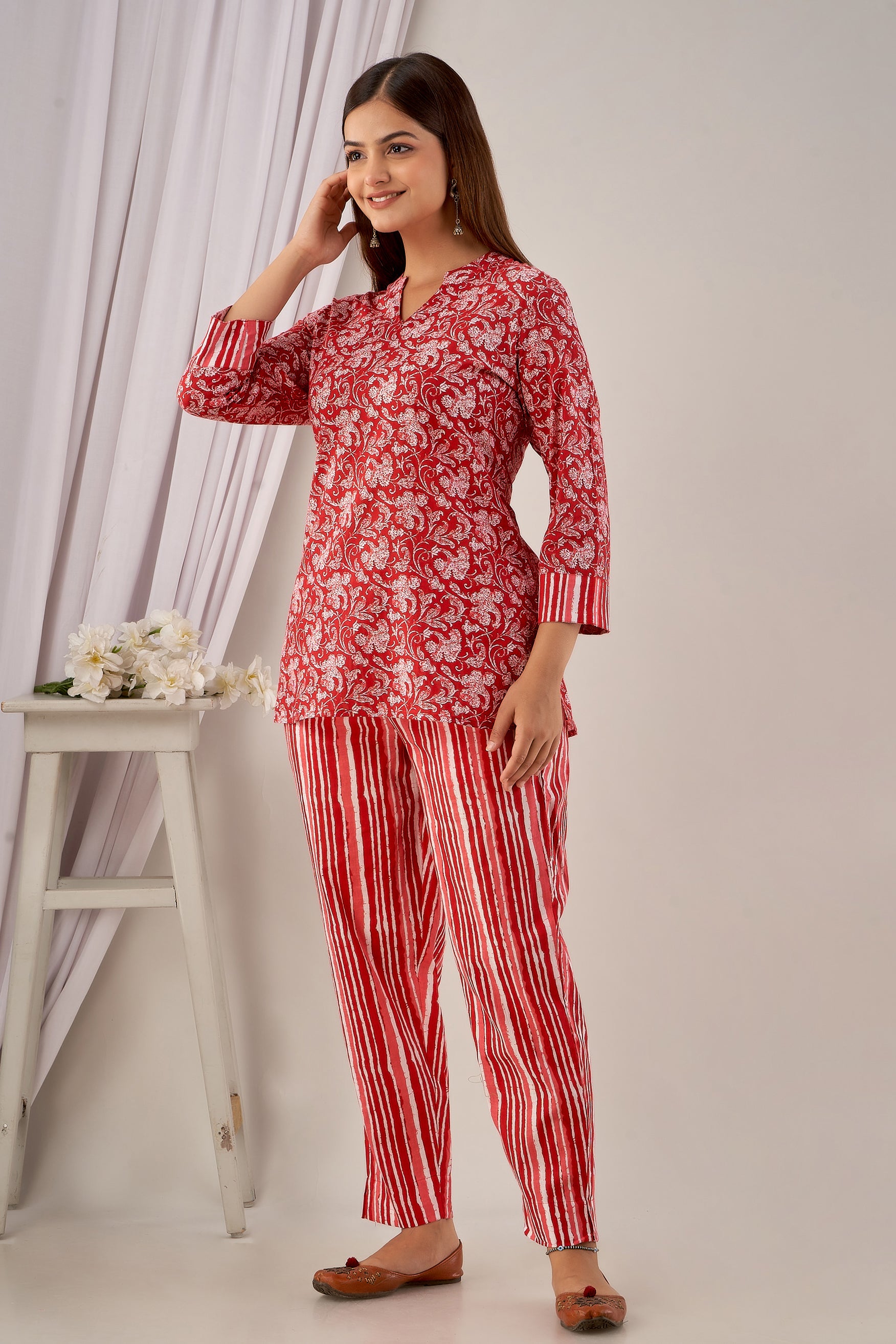 Red Floral Cotton Kurti with Striped Pants Co-ord Set for Women