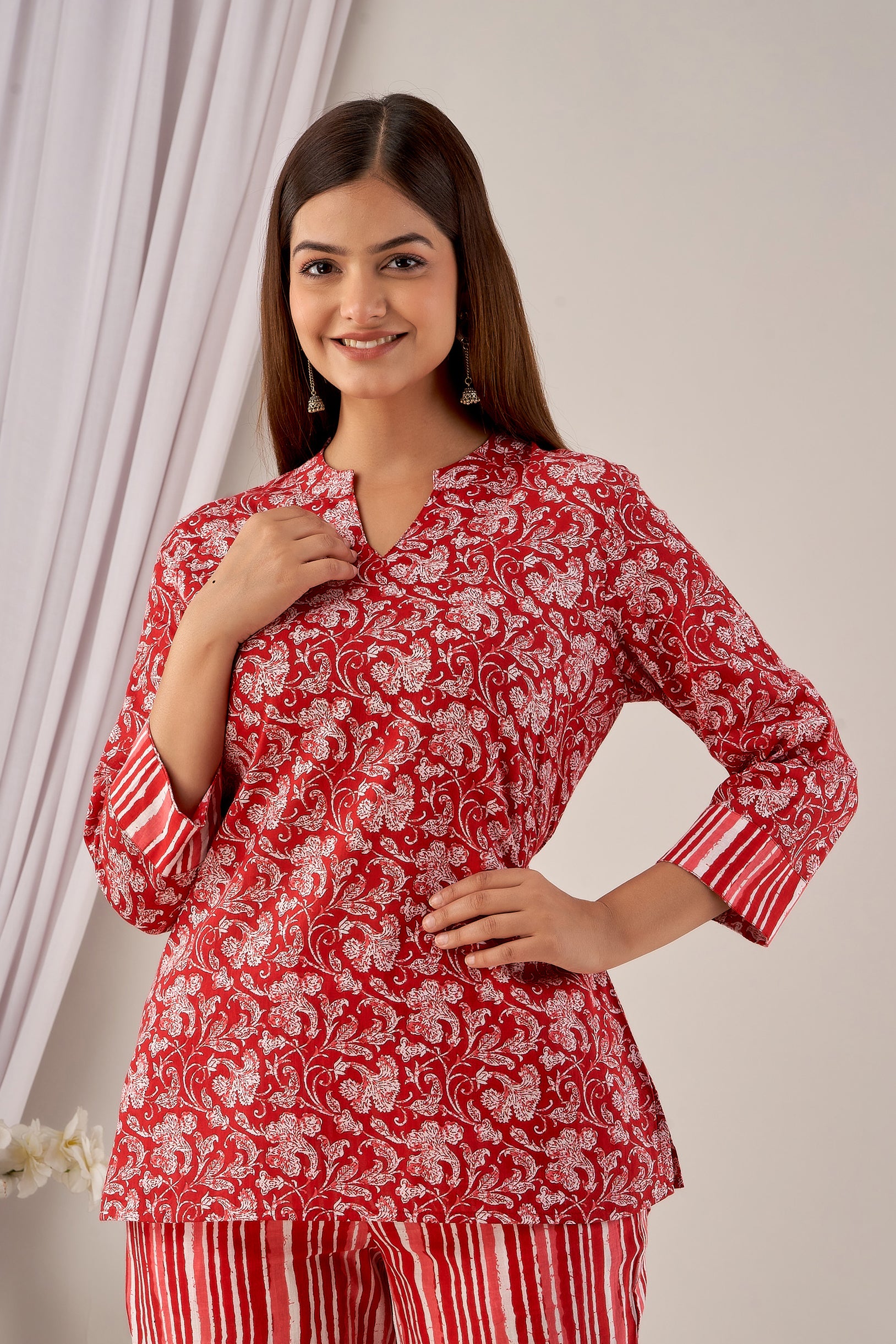 Red Floral Cotton Kurti with Striped Pants Co-ord Set for Women