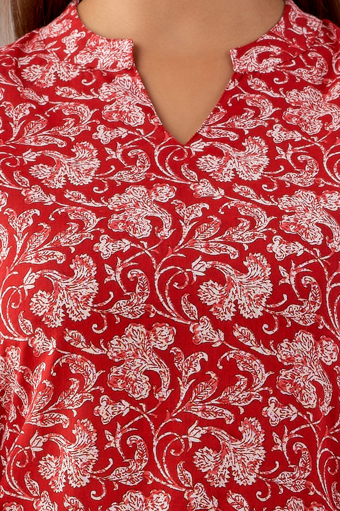 Red Floral Cotton Kurti with Striped Pants Co-ord Set for Women