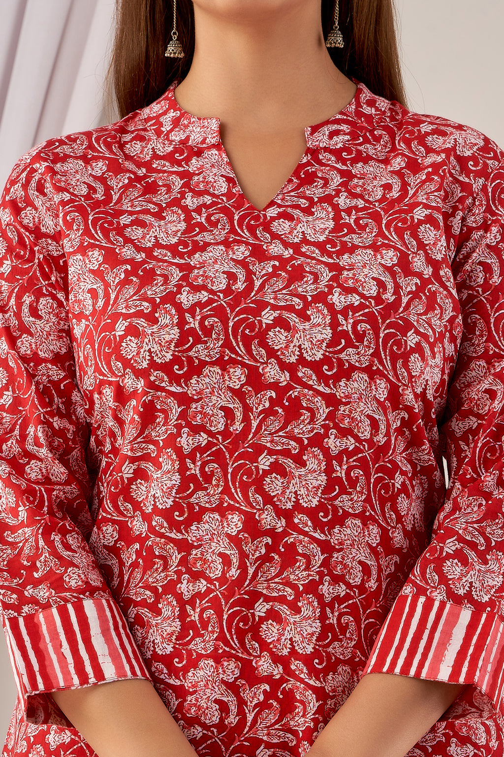 Red Floral Cotton Kurti with Striped Pants Co-ord Set for Women
