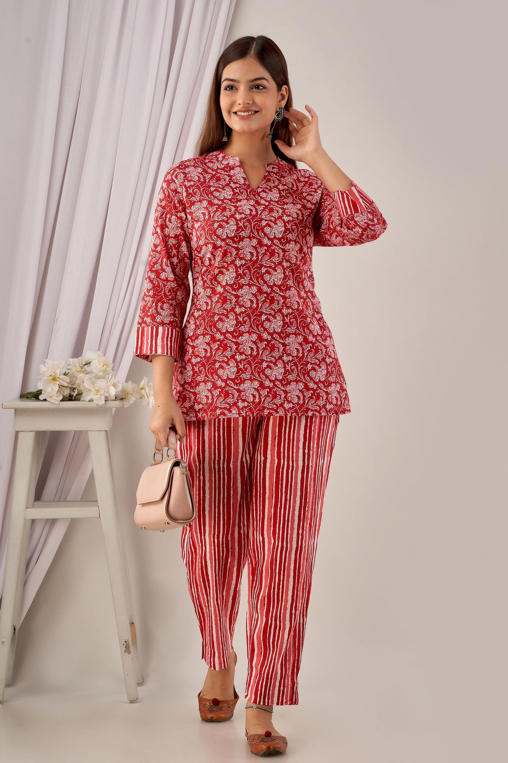 Red Floral Cotton Kurti with Striped Pants Co-ord Set for Women