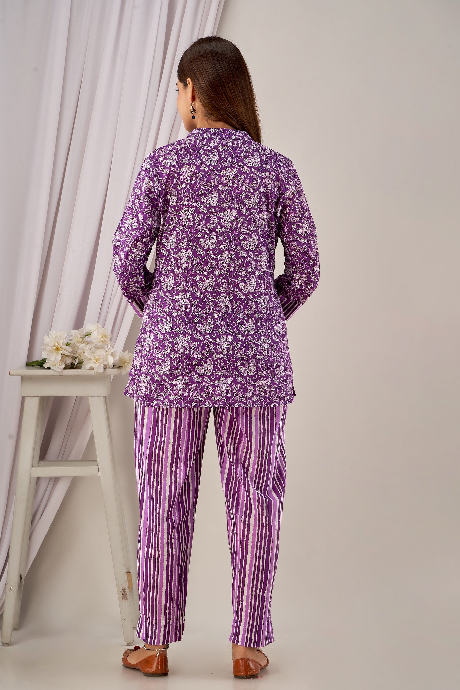 Purple Floral Cotton Kurti with Striped Pants Co-ord Set for Women