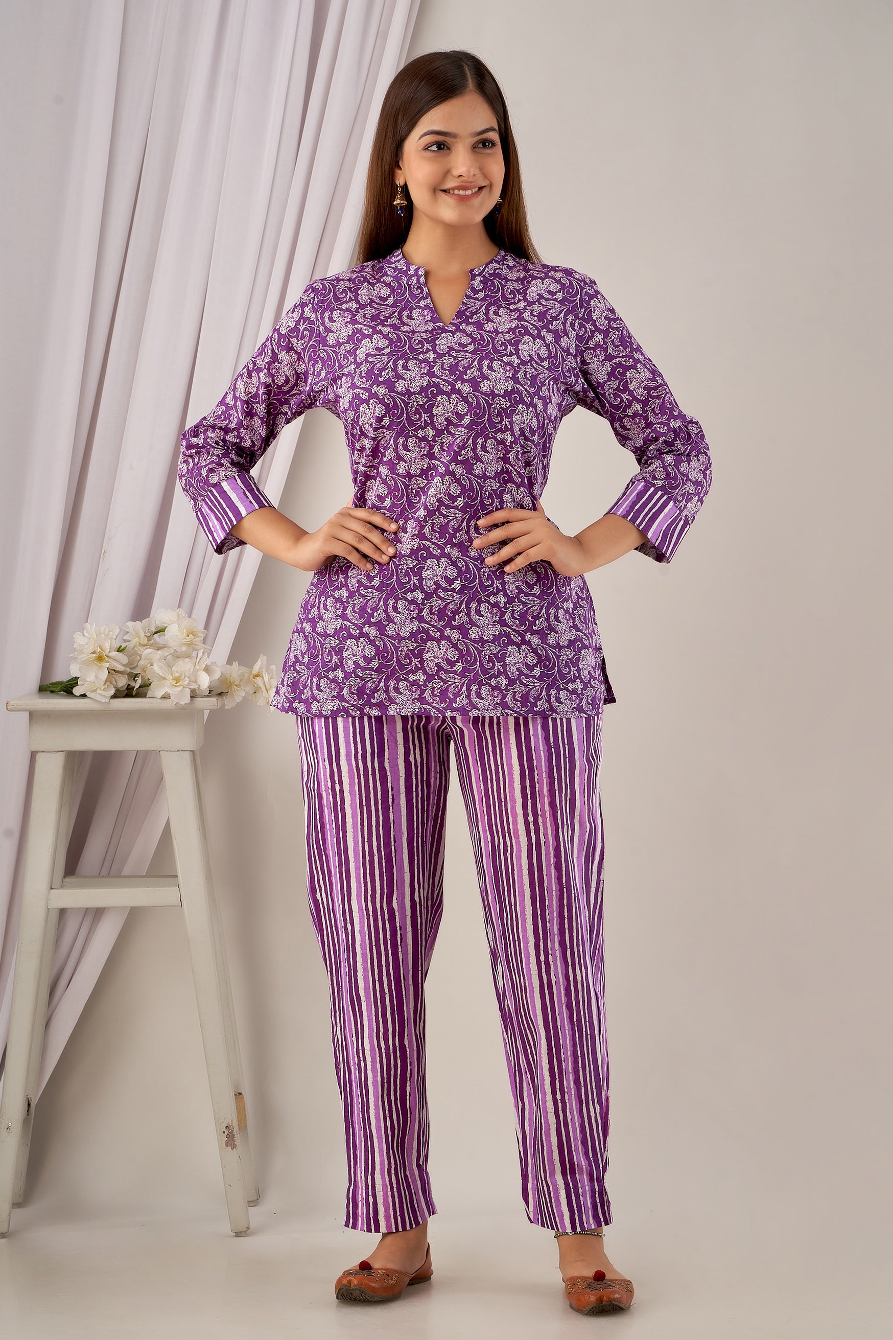 Purple Floral Cotton Kurti with Striped Pants Co-ord Set for Women