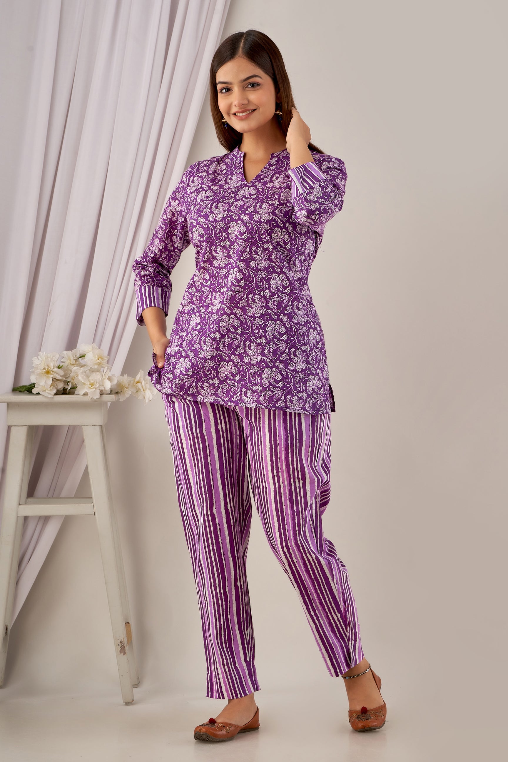 Purple Floral Cotton Kurti with Striped Pants Co-ord Set for Women