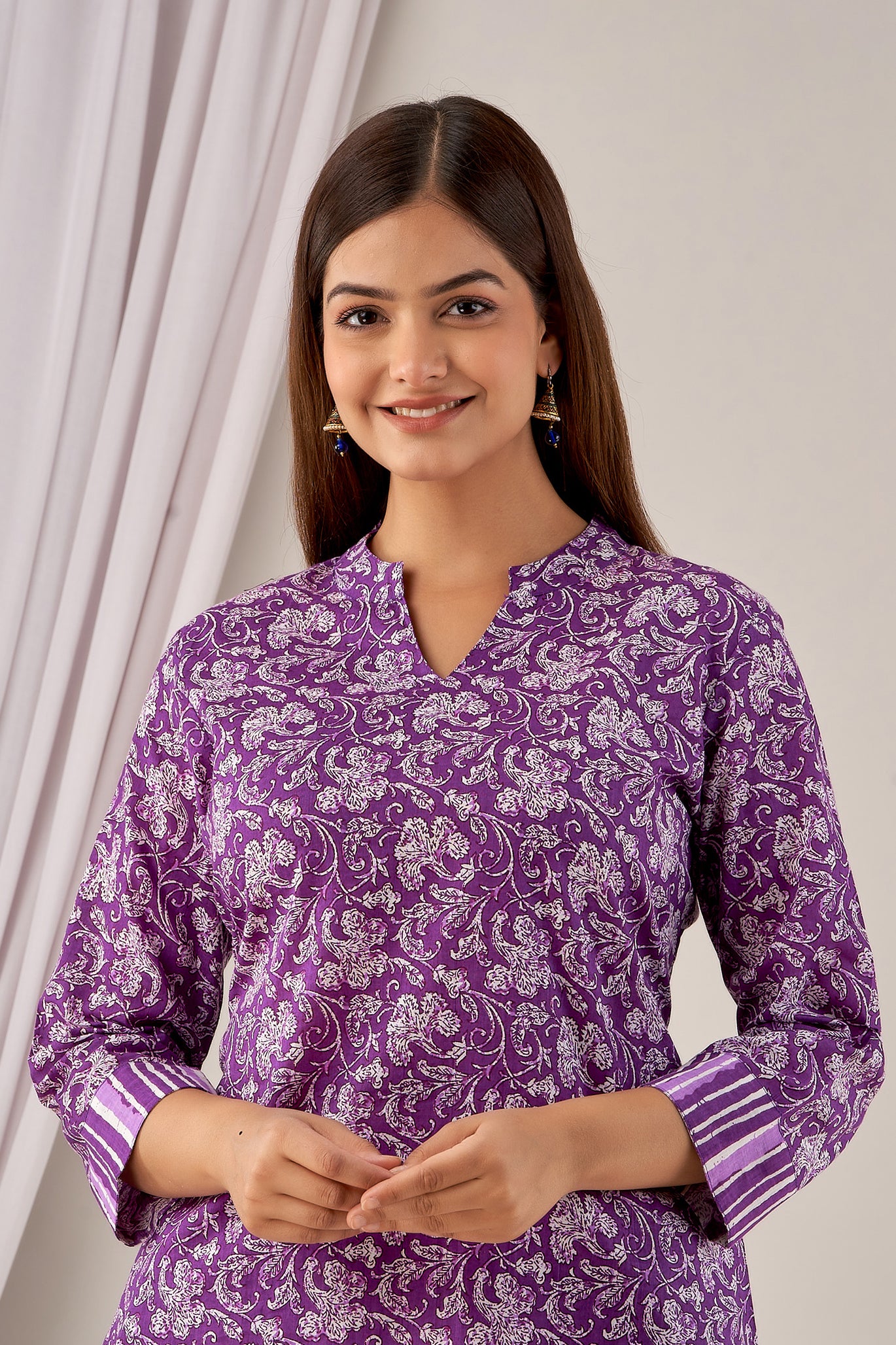 Purple Floral Cotton Kurti with Striped Pants Co-ord Set for Women