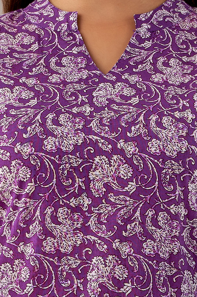 Purple Floral Cotton Kurti with Striped Pants Co-ord Set for Women