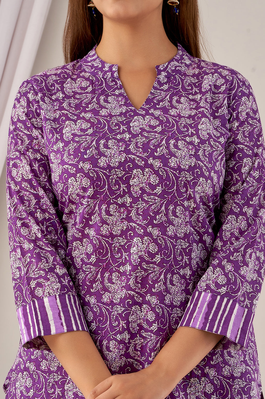 Purple Floral Cotton Kurti with Striped Pants Co-ord Set for Women