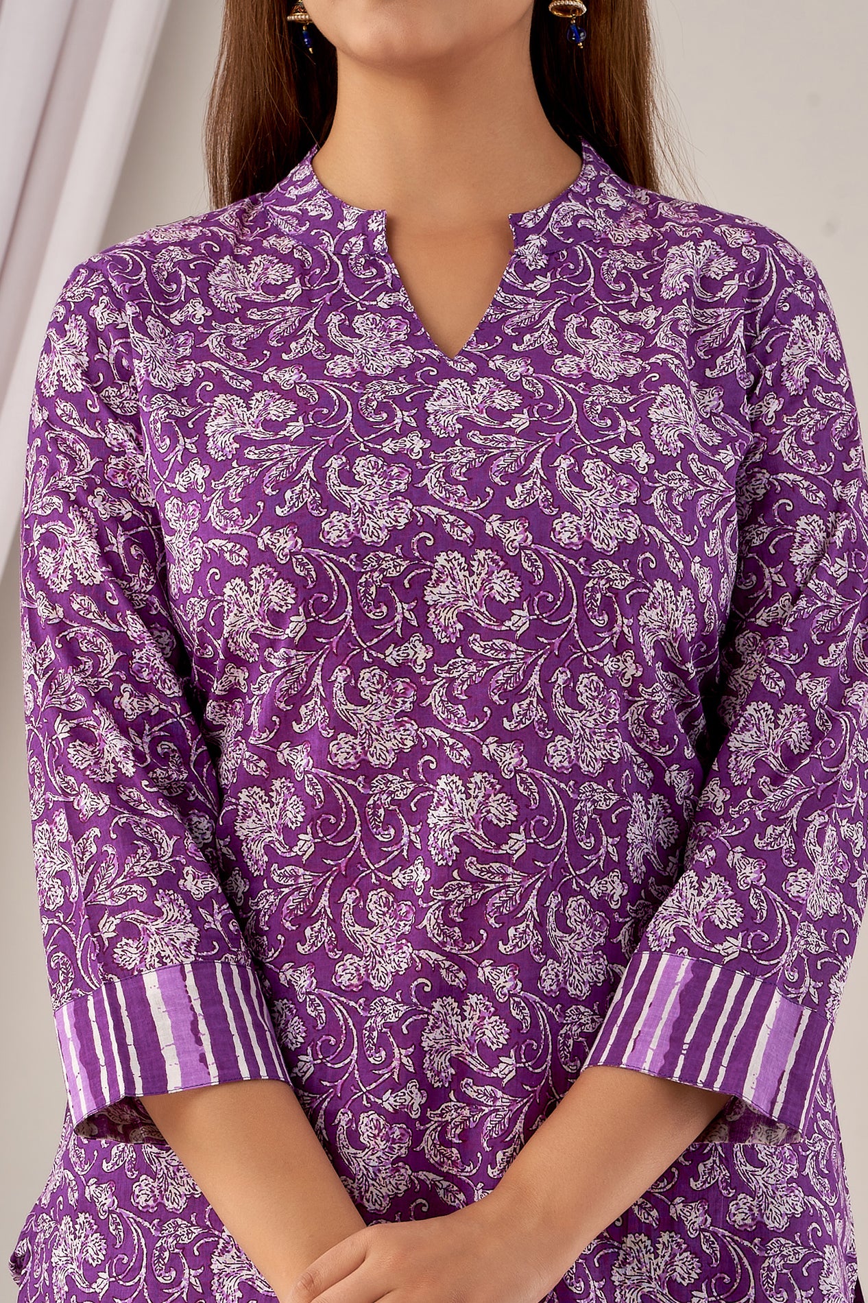 Purple Floral Cotton Kurti with Striped Pants Co-ord Set for Women