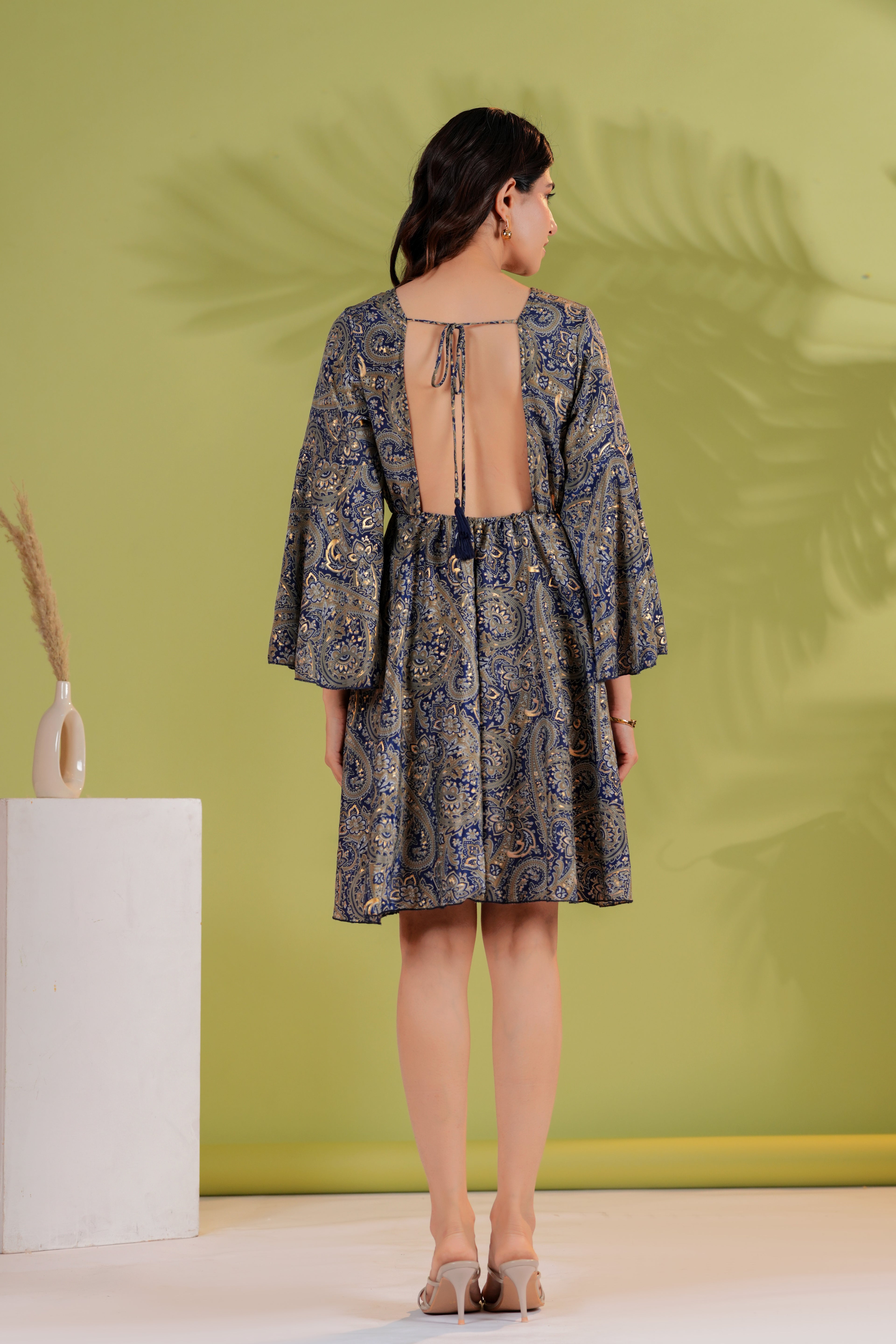 RAYSHA Midnight Blue Paisley Printed Flared Short Dress