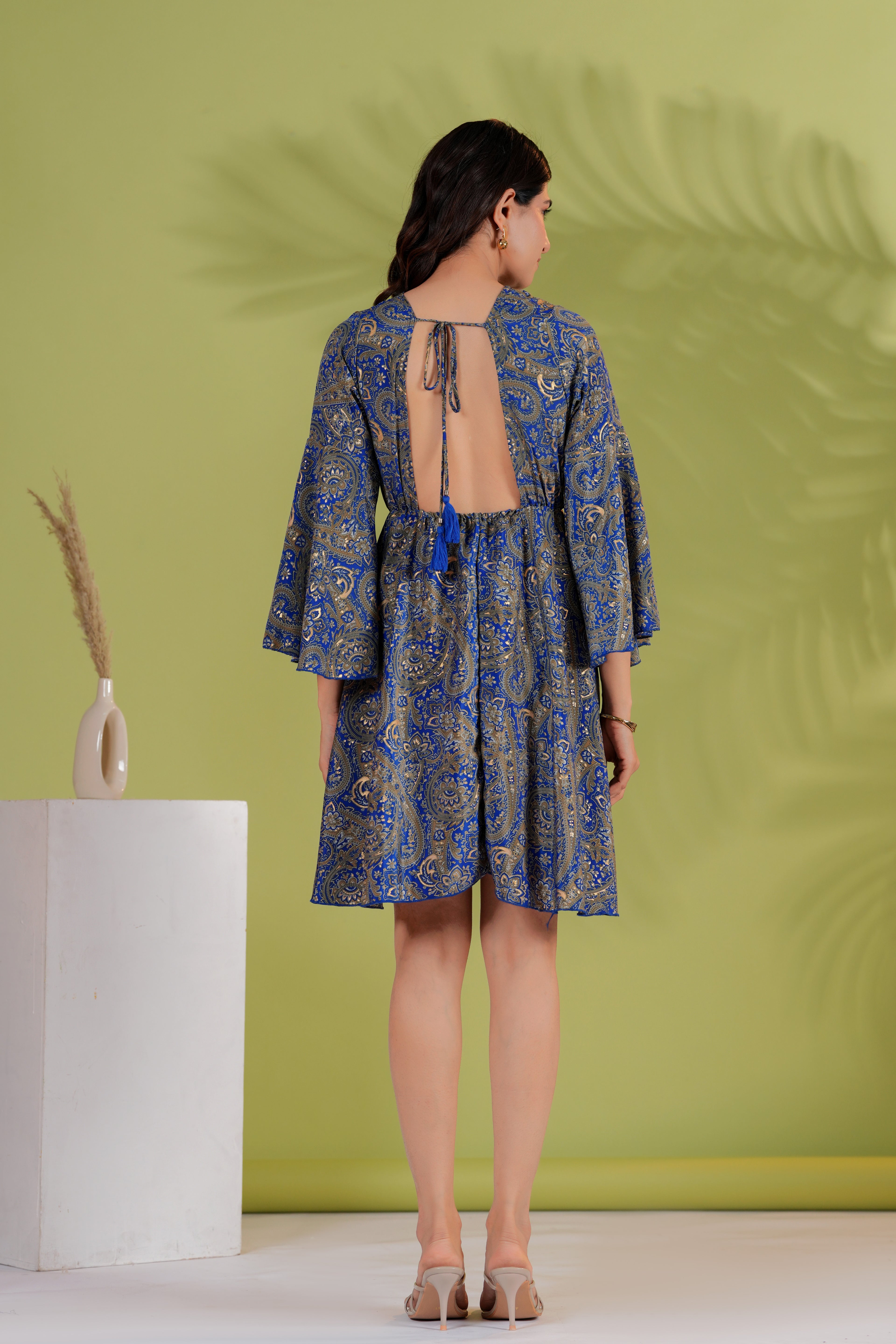 RAYSHA Royal Blue Paisley Printed Flared Short Dress