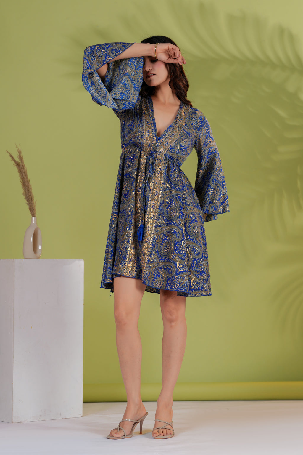 RAYSHA Royal Blue Paisley Printed Flared Short Dress