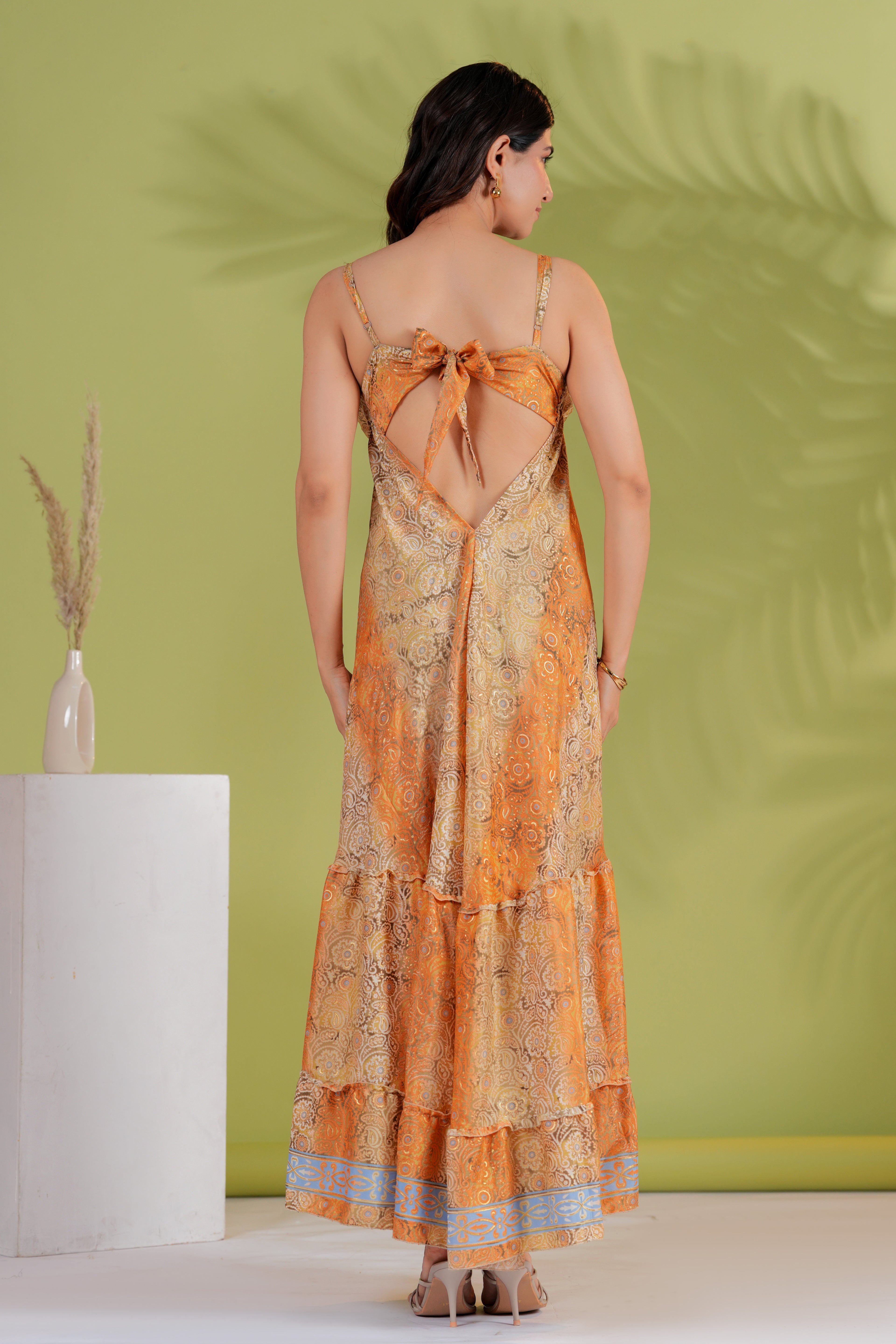 Raysha Orange Paisley Tiered Maxi Dress with Tie-Back Detail