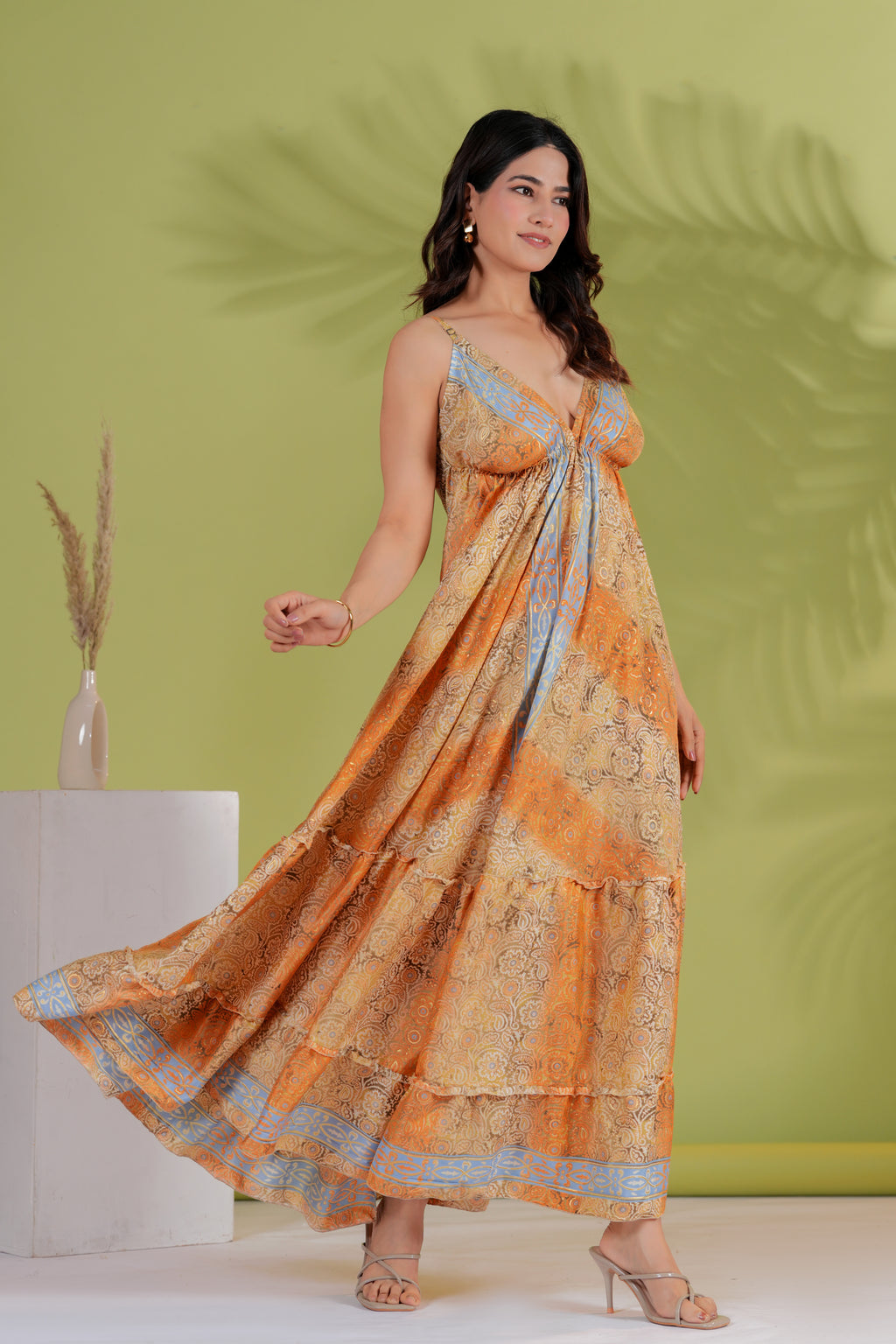 Raysha Orange Paisley Tiered Maxi Dress with Tie-Back Detail