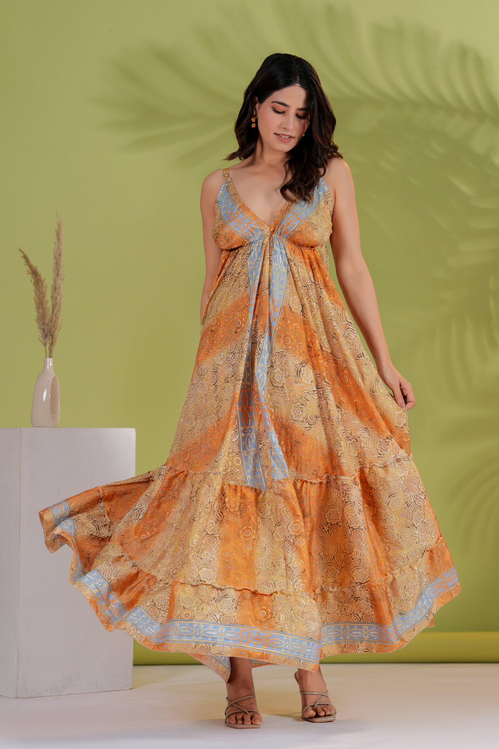 Raysha Orange Paisley Tiered Maxi Dress with Tie-Back Detail
