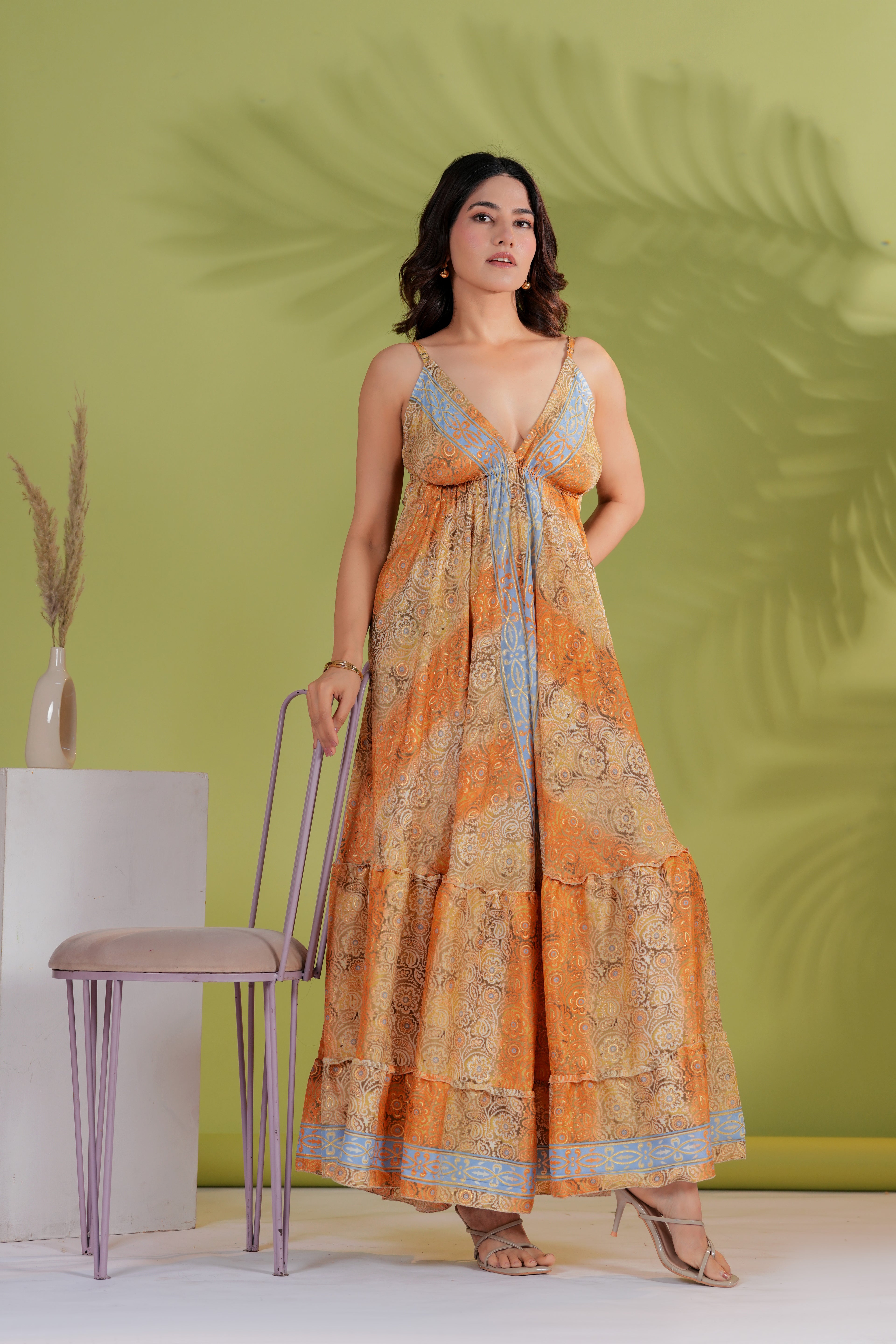 Raysha Orange Paisley Tiered Maxi Dress with Tie-Back Detail