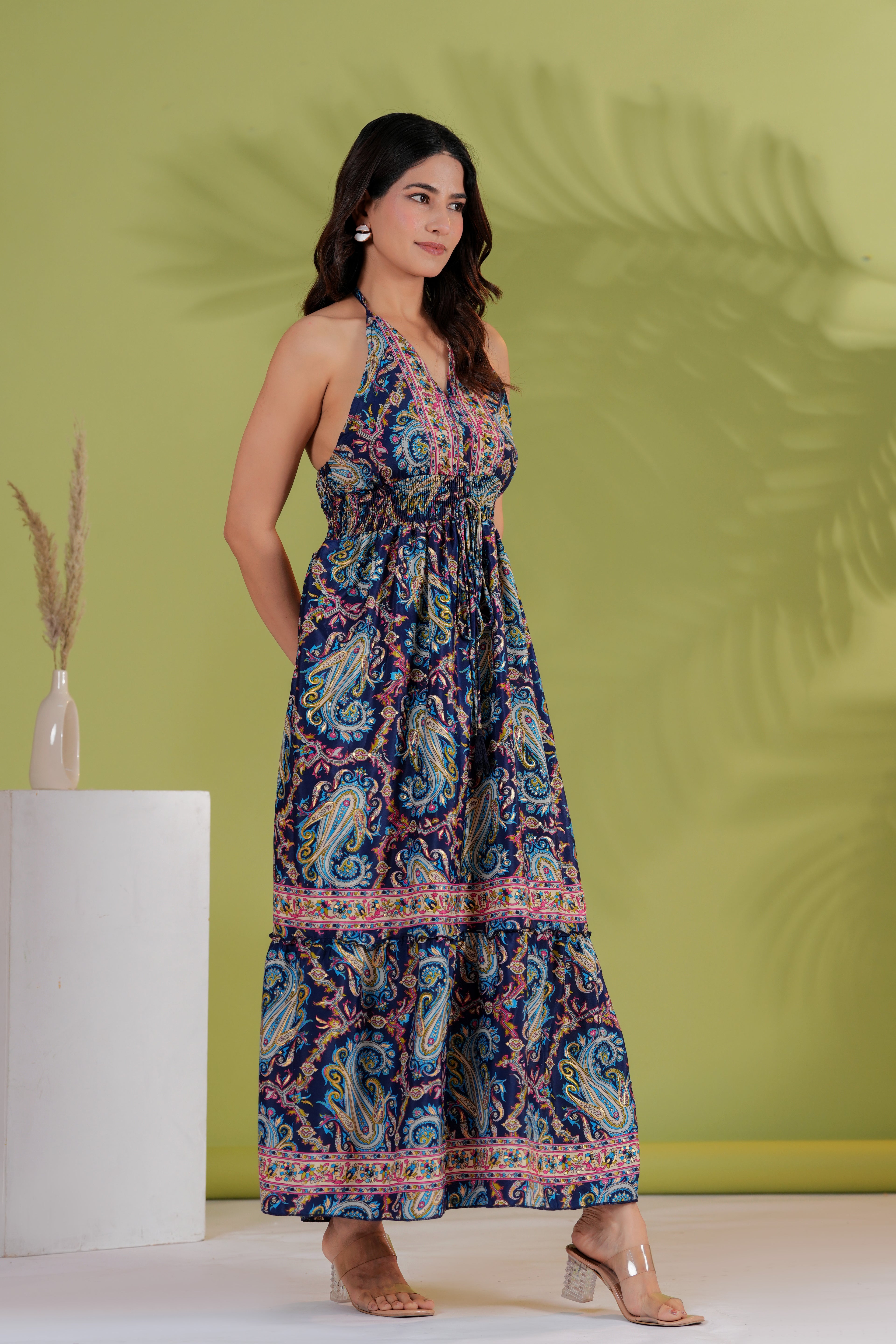Raysha Paisley Print Halter Neck Maxi Dress