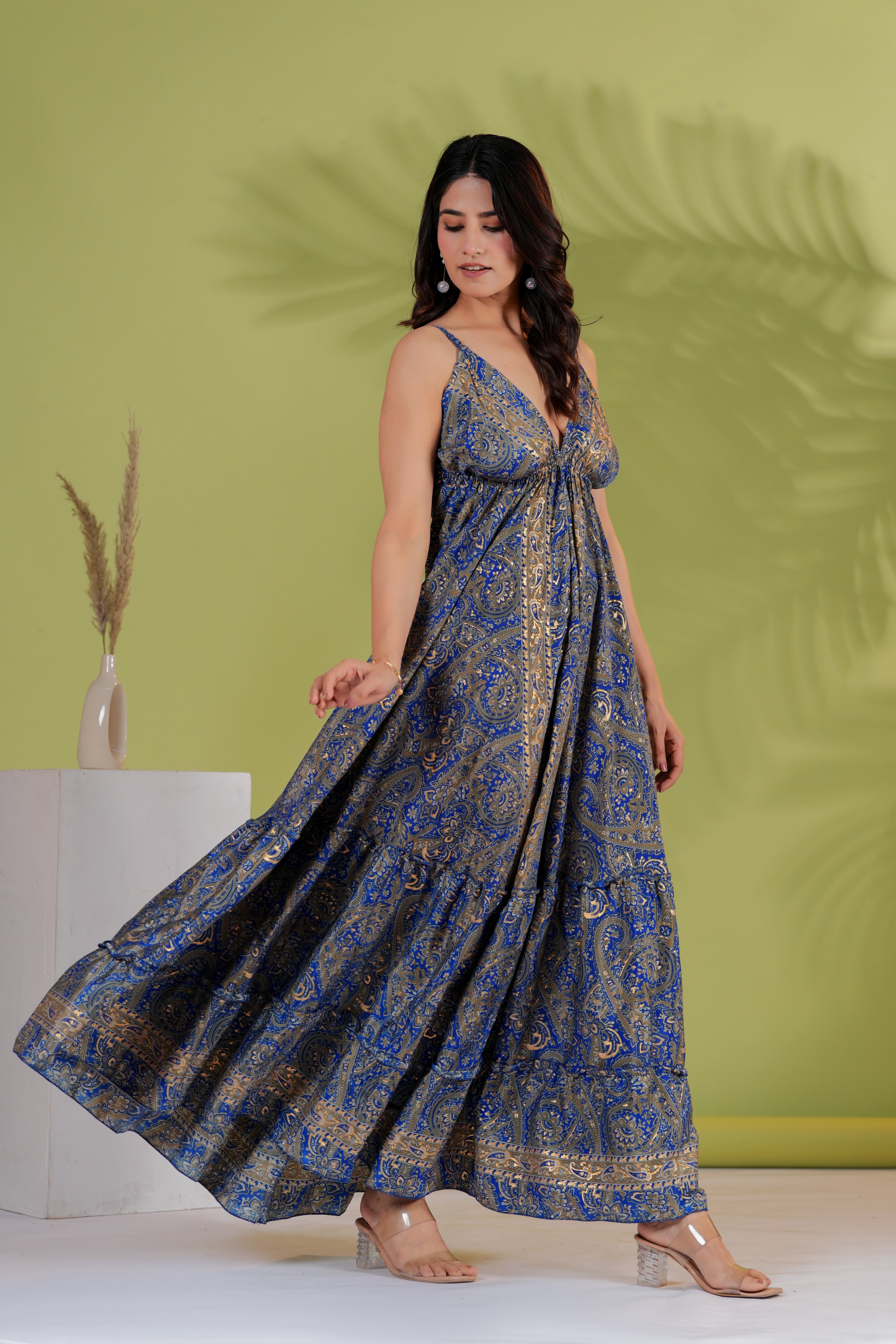 Raysha Royal Blue Paisley Flared Maxi Dress