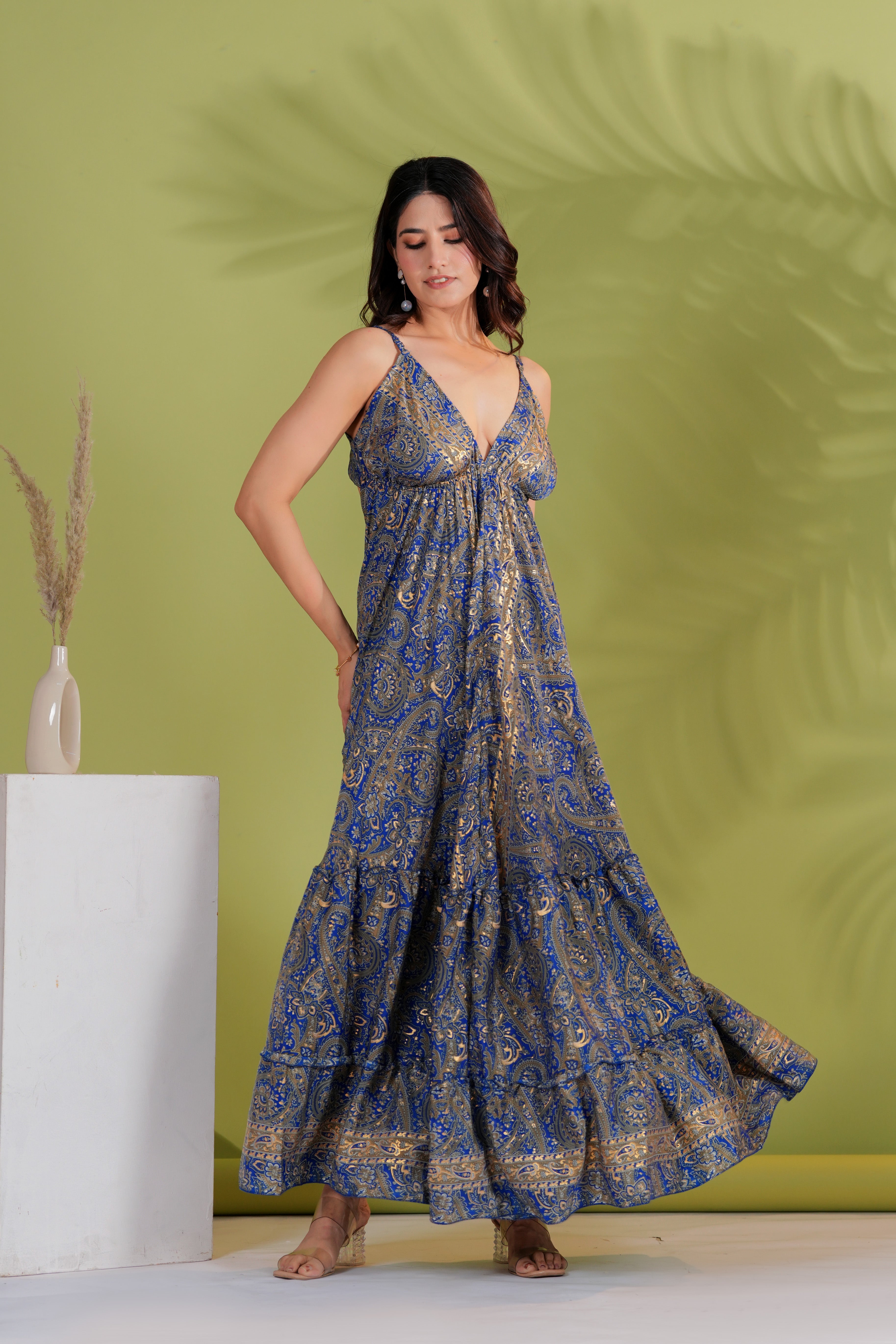 Raysha Royal Blue Paisley Flared Maxi Dress