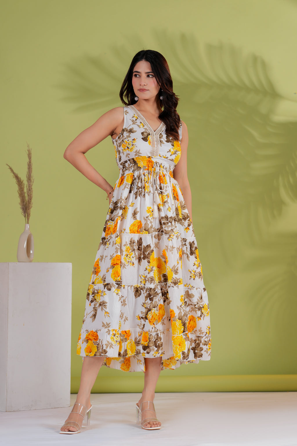 RAYSHA Ivory & Mustard Floral Tiered Midi Dress