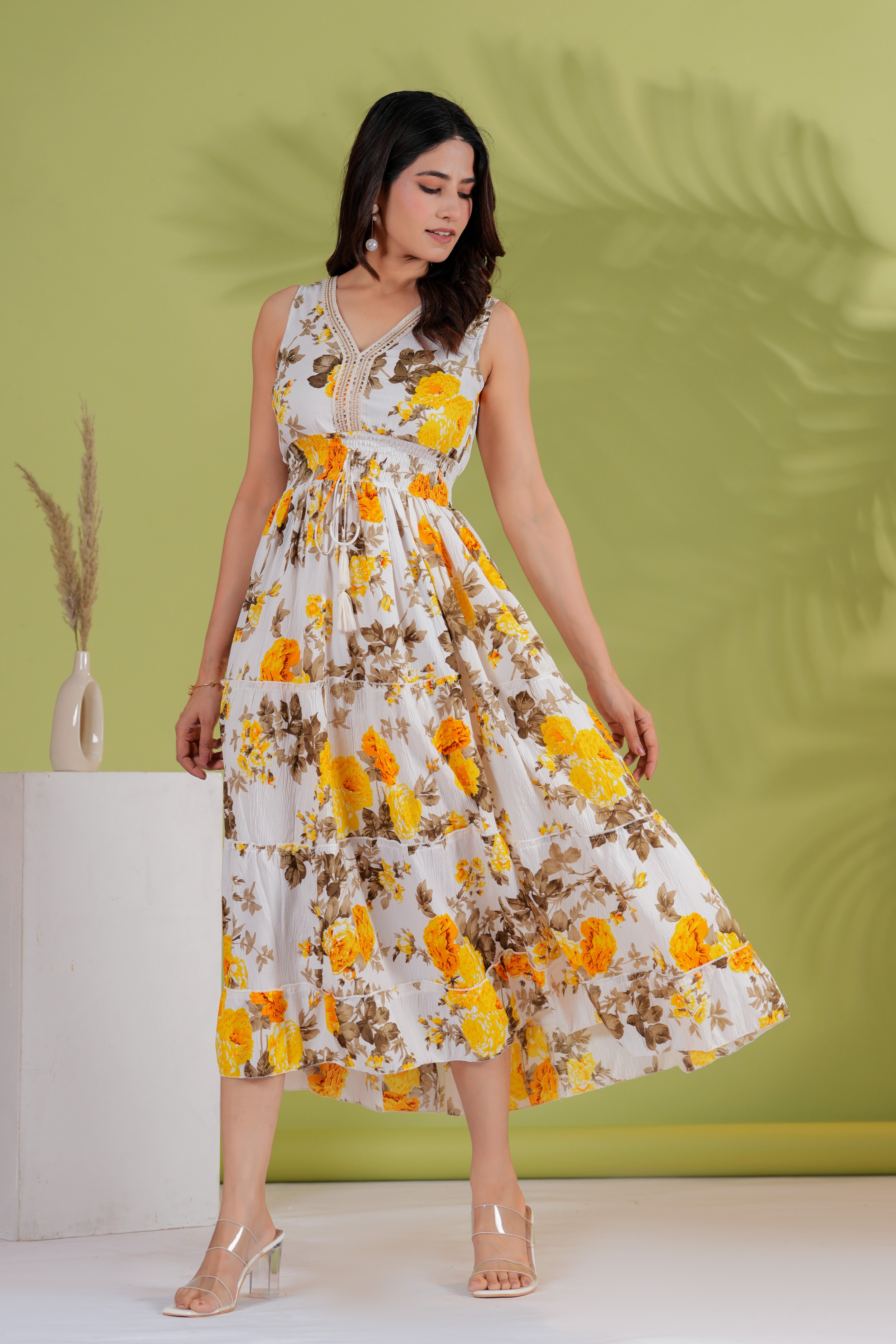RAYSHA Ivory & Mustard Floral Tiered Midi Dress