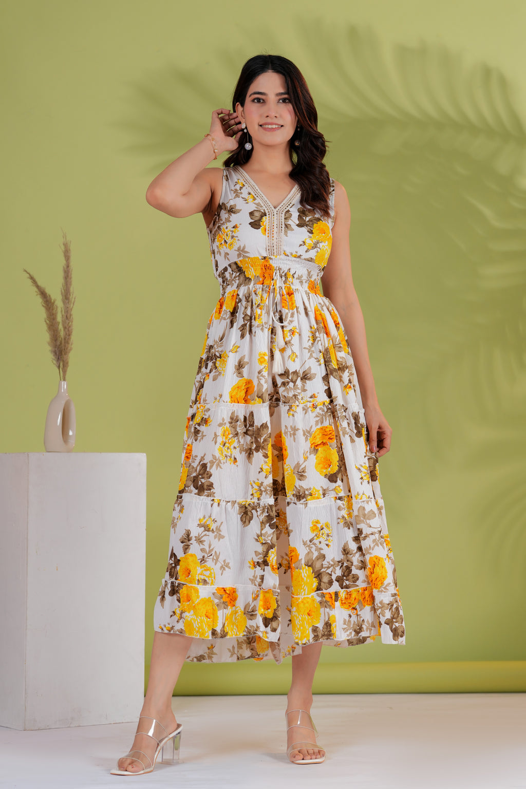RAYSHA Ivory & Mustard Floral Tiered Midi Dress
