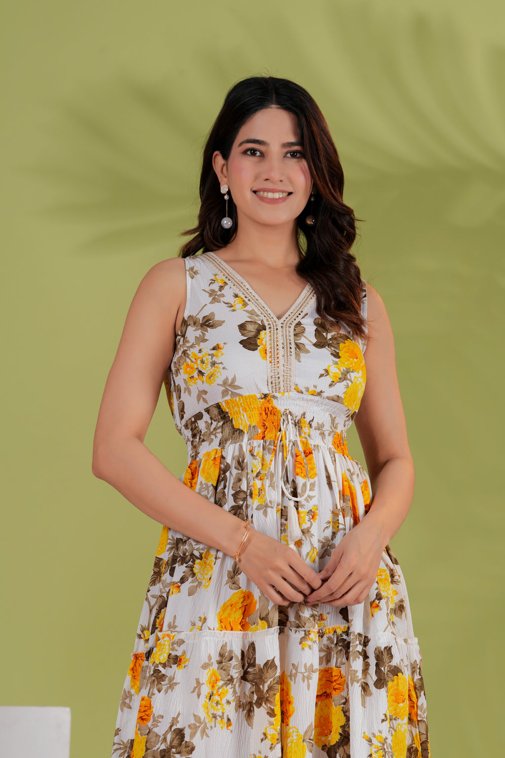 RAYSHA Ivory & Mustard Floral Tiered Midi Dress