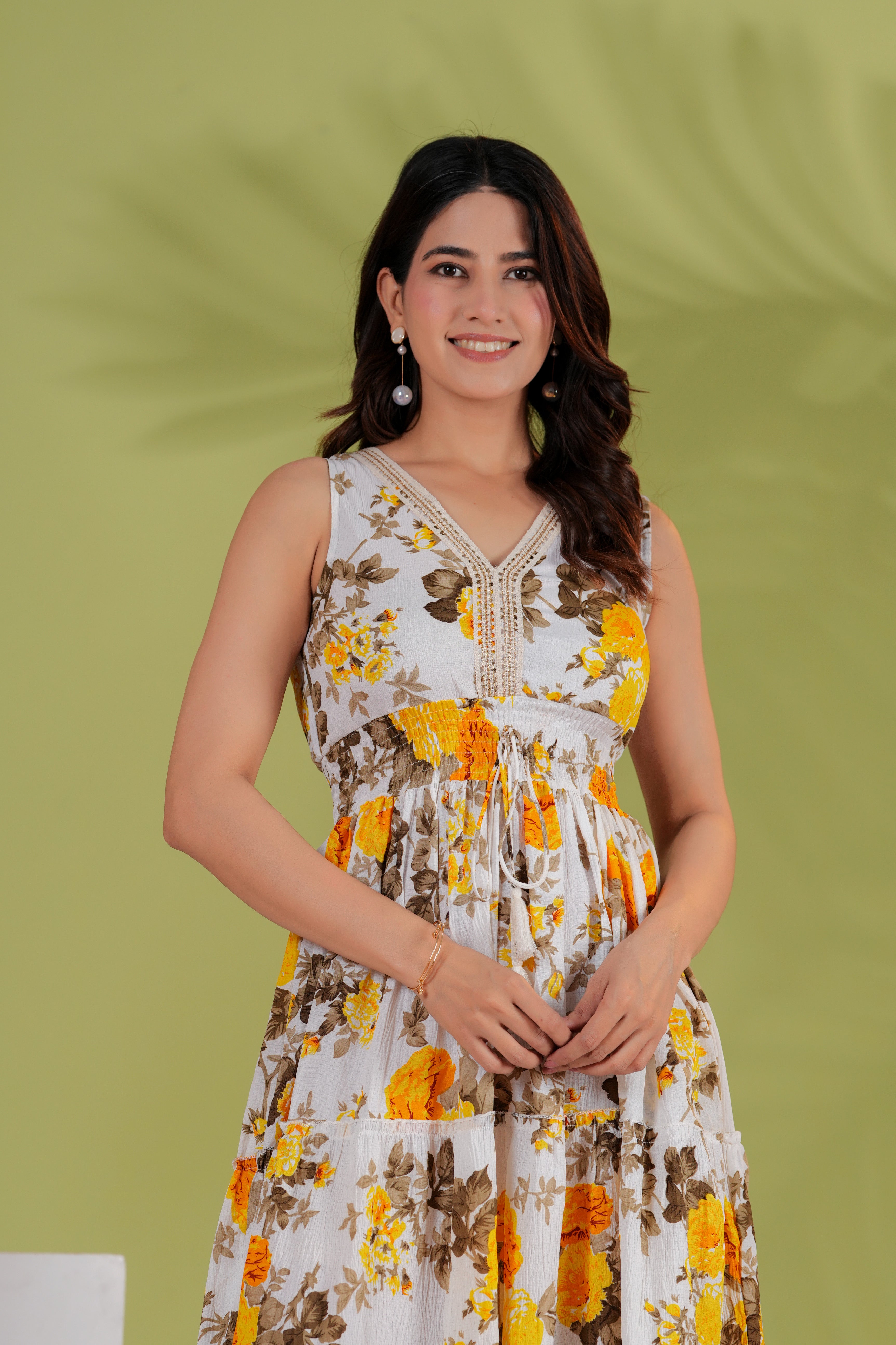 RAYSHA Ivory & Mustard Floral Tiered Midi Dress